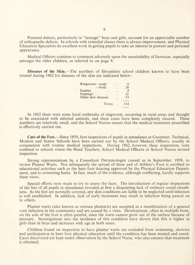 Postural defects, particularly in “teenage” boys and girls, account for an appreciable number of orthopaedic defects. In schools with remedial classes there is always improvement, and Physical Education Specialists do excellent work in getting pupils to take an interest in posture and personal appearance. Medical Officers continue to comment adversely upon the unsuitability of footwear, especially amongst the older children, as referred to on page 9. Diseases of the Skin.—The numbers of Shropshire school children known to have been treated during 1962 for diseases of the skin are indicated below: Ringworm—scalp .. 6 —body .. 26 Scabies .. .. .. 8 Impetigo .. .. .. 21 Other skin diseases .. 53 Total .. 114 In 1962 there were some local outbreaks of ringworm, occurring in rural areas and thought to be associated with infected animals, and these cases have been completely cleared. These numbers are relatively small, and the School Nurses ensure that the medical treatment prescribed is effectively carried out. Care of the Feet.—Since 1959, foot inspections of pupils in attendance at Grammar, Technical, Modern and Senior Schools have been carried out by the School Medical Officers, usually in conjunction with routine medical inspections. During 1962, however, these inspections were confined to schools where the Head Teachers, School Medical Officers or School Nurses invited inspection. Strong representations by a Consultant Dermatologist caused us in September, 1958, to review Plantar Warts. Not infrequently the spread of these and of Athlete’s Foot is ascribed to educational activities such as the bare foot dancing approved by the Physical Education Depart¬ ment, and to swimming baths. In fact, much of the evidence, although conflicting, hardly supports these views. Special efforts were made to try to assess the facts. The introduction of regular inspections of the feet of all pupils in attendance revealed at first a disquieting lack of ordinary social cleanli¬ ness. As the feet are normally covered, any skin conditions are liable to be neglected until infection is well established. In addition, lack of early treatment may result in infection being passed on to others. Plantar warts (also known as verruca plantaris) are accepted as a manifestation of a general wart infection in the community and are caused by a virus. Development, often in multiple form, on the sole of the foot is often painful, since the warts cannot grow out of the surface because of pressure. Investigations into the incidence of this condition have shown that this is higher in girls than in boys and increases with age in both sexes. Children found on inspection to have plantar warts are excluded from swimming, showers and participation in bare foot physical education until the condition has been treated and cured. Cases discovered are kept under observation by the School Nurse, who also ensures that treatment is obtained.