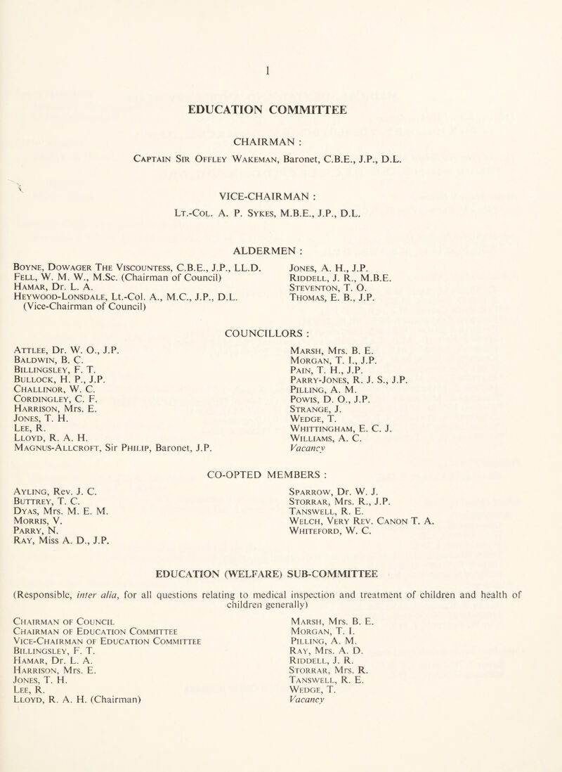 \. EDUCATION COMMITTEE CHAIRMAN : Captain Sir Offley Wakeman, Baronet, C.B.E., J.P., D.L. VICE-CHAIRMAN : Lt.-Col. a. P. Sykes, M.B.E., J.P,, D.L. ALDERMEN: Boyne, Dowager The Viscountess, C.B.E., J.P., LL.D. Fell, W. M. W., M.Sc. (Chairman of Council) Hamar, Dr. L. A. Heywood-Lonsdale, Lt.-Col. A., M.C., J.P., D.L. (Vice-Chairman of Council) Jones, A. H., J.P. Riddell, J. R., M.B.E. Steventon, T. O. Thomas, E. B., J.P. Attlee, Dr. W. O., J.P. Baldwin, B. C. Billingsley, F. T. Bullock, H. P., J.P. Challinor, W. C. CORDINGLEY, C. F. Harrison, Mrs. E. Jones, T. H. Lee, R. Lloyd, R. A. H. Magnus-Allcroft, Sir Philip, Baronet, J.P COUNCILLORS : Marsh, Mrs. B. E. Morgan, T. L, J.P. Pain, T. H., J.P. Parry-Jones, R. J. S., J.P. Pilling, A. M. Powis, D. O., J.P. Strange, J. Wedge, T. Whittingham, E. C. j. Williams, A. C. Vacancy Ayling, Rev. J. C. Buttrey, T. C. Dyas, Mrs. M. E. M. Morris, V. Parry, N. Ray, Miss A. D., J.P. CO-OPTED MEMBERS : Sparrow, Dr. W. J. Storrar, Mrs. R., J.P. Tanswell, R. E. Welch, Very Rev. Canon T. A. Whiteford, W. C. EDUCATION (WELFARE) SUB COMMITTEE (Responsible, inter alia, for all questions relating to medical inspection and treatment of children and health of children generally) Chairman of Council Chairman of Education Committee Vice-Chairman of Education Committee Billingsley, F. T. Hamar, Dr. L. A. Harrison, Mrs. E. Jones, T. H. Lee, R. Lloyd, R. A. H. (Chairman) Marsh, Mrs. B. E. Morgan, T. I. Pilling, A. M. Ray, Mrs. A. D. Riddell, J. R. Storrar, Mrs. R. Tanswell, R. E. Wedge, T. Vacancy