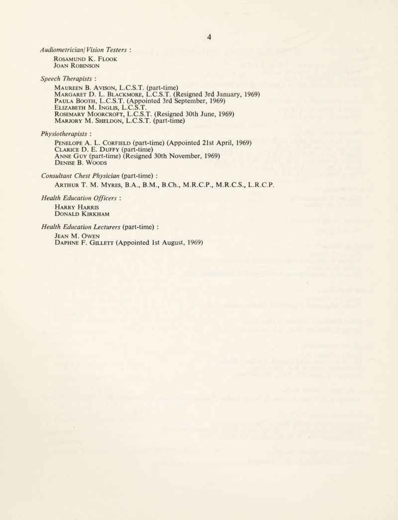 Audiometrician/ Vision Testers : Rosamund K. Flook Joan Robinson Speech Therapists : Maureen B. Avison, L.C.S.T. (part-time) Margaret D. L. Blackmore, L.C.S.T. (Resigned 3rd January, 1969) Paula Booth, L.C.S.T. (Appointed 3rd September, 1969) Elizabeth M. Inglis, L.C.S.T. Rosemary Moorcroft, L.C.S.T. (Resigned 30th June, 1969) Marjory M. Sheldon, L.C.S.T. (part-time) Physiotherapists : Penelope A. L. Corfield (part-time) (Appointed 21st April, 1969) Clarice D. E. Duffy (part-time) Anne Guy (part-time) (Resigned 30th November, 1969) Denise B. Woods Consultant Chest Physician (part-time) : Arthur T. M. Myres, B.A., B.M., B.Ch., M.R.C.P., M.R.C.S., L.R.C.P. Health Education Officers : Harry Harris Donald Kirkham Health Education Lecturers (part-time) : Jean M. Owen Daphne F. Gillett (Appointed 1st August, 1969)