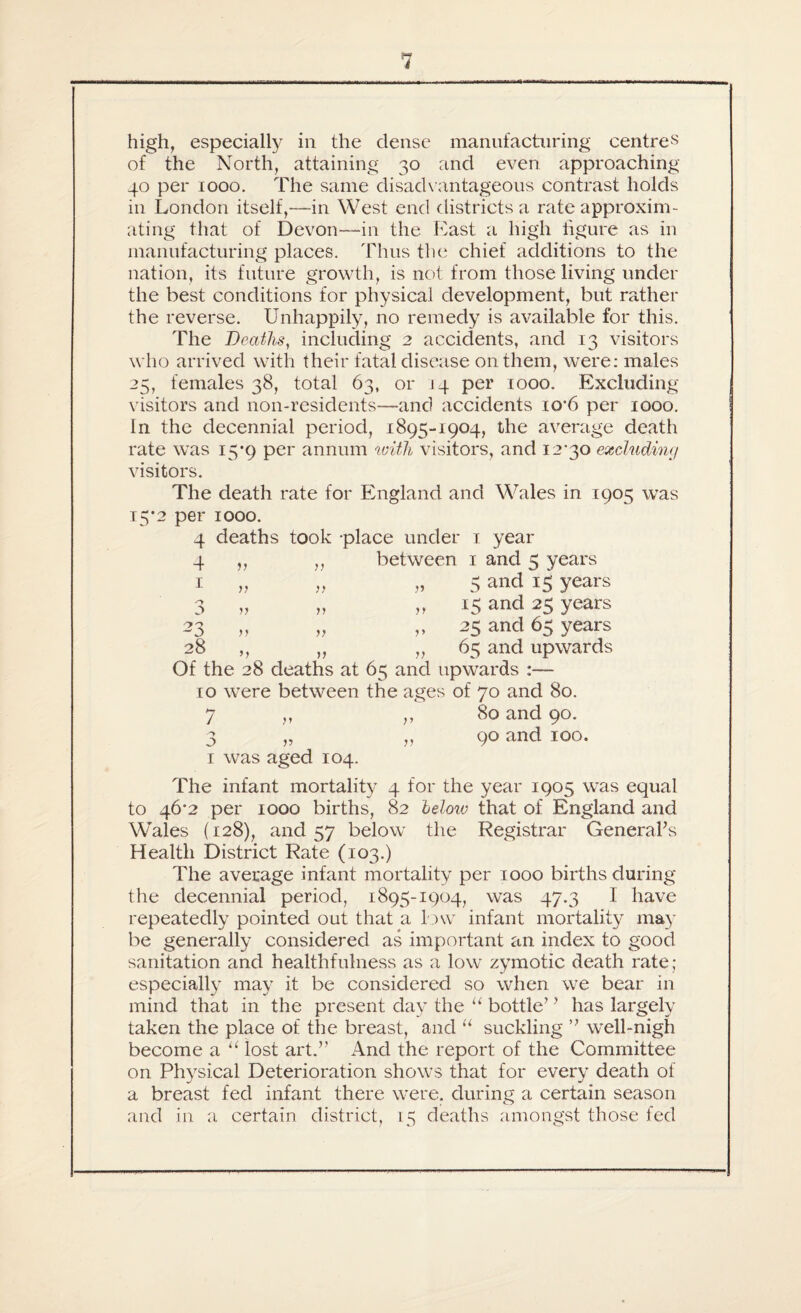 high, especially in the dense manufacturing centres of the North, attaining 30 and even approaching 40 per 1000. The same disadvantageous contrast holds in London itself,—-in West end districts a rate approxim¬ ating that of Devon—in the East a high figure as in manufacturing places. Thus the chief additions to the nation, its future growth, is not from those living under the best conditions for physical development, but rather the reverse. Unhappily, no remedy is available for this. The Deaths, including 2 accidents, and 13 visitors who arrived with their fatal disease on them, were: males 25, females 38, total 63, or 14 per 1000. Excluding visitors and non-residents—and accidents to*6 per 1000. In the decennial period, 1895-1904, the average death rate was 15*9 per annum with visitors, and 12'30 excluding visitors. The death rate for England and Wales in 1905 was 15*2 per 1000. 4 deaths took -place under 1 year 4 „ „ between 1 and 5 years 1 „ „ „ 5 and ig years 3 „ „ „ 15and 2S years 23 „ „ „ ag and 65 years 28 ,, ,, „ 65 and upwards Of the 28 deaths at 65 and upwards — 10 were between the ages of 70 and 80. 7 ,, ,, 80 and 90. 3 „ ,, 90 and 100. 1 was aged 104. The infant mortality 4 for the year 1905 was equal to 46^2 per 1000 births, 82 below that of England and Wales (128), and 57 below the Registrar General’s Health District Rate (103.) The average infant mortality per 1000 births during the decennial period, 1895-1904, was 47.3 I have repeatedly pointed out that a low infant mortality may be generally considered as important an index to good sanitation and healthfulness as a low zymotic death rate; especially may it be considered so when we bear in mind that in the present day the “ bottle’ ’ has largely taken the place of the breast, and “ suckling ” well-nigh become a u lost art.” And the report of the Committee on Physical Deterioration shows that for every death of a breast fed infant there were, during a certain season and in a certain district, 15 deaths amongst those fed