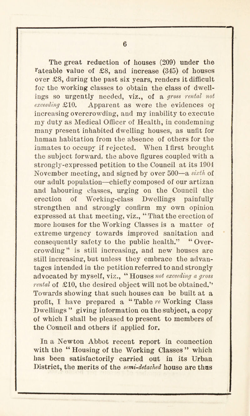 The great reduction of houses (209) under the rateable value of £8, and increase (345) of houses over £8, during the past six years, renders it difficult for the working classes to obtain the class of dwell¬ ings so urgently needed, viz., of a gross rental not exceeding £10. Apparent as were the evidences Of increasing overcrowding, and my inability to execute my duty as Medical Officer of Health, in condemning many present inhabited dwelling houses, as unfit for human habitation from the absence of others for the inmates to occupy if rejected. When 1 first brought the subject forward, the above figures coupled with a strongly-expressed petition to the Council at its 1904 November meeting, and signed by over 500—a sixth of our adult population—chiefly composed of our artizan and labouring classes, urging on the Council the erection of Working-class Dwellings painfully strengthen and strongly confirm my own opinion expressed at that meeting, viz., “ That the erection of more houses for the Working Classes is a matter of extreme urgency towards improved sanitation and consequently safety to the public health.” “ Over¬ crowding,4 is still increasing, and new houses are still increasing, but unless they embrace the advan¬ tages intended in the petition referred to and strongly advocated by myself, viz., “ Houses not exceeding a gross rental of £10, the desired object will not be obtained.’’ Towards showing that such houses can be built at a profit, I have prepared a “ Table re Working Class Dwellings” giving information on the subject, a copy of which I shall be pleased to present to members of the Council and others if applied for. In a Newton Abbot recent report in connection with the “ Housing of the Working Classes ” which has been satisfactorily carried out in its Urban District, the merits of the semi-detached house are thus
