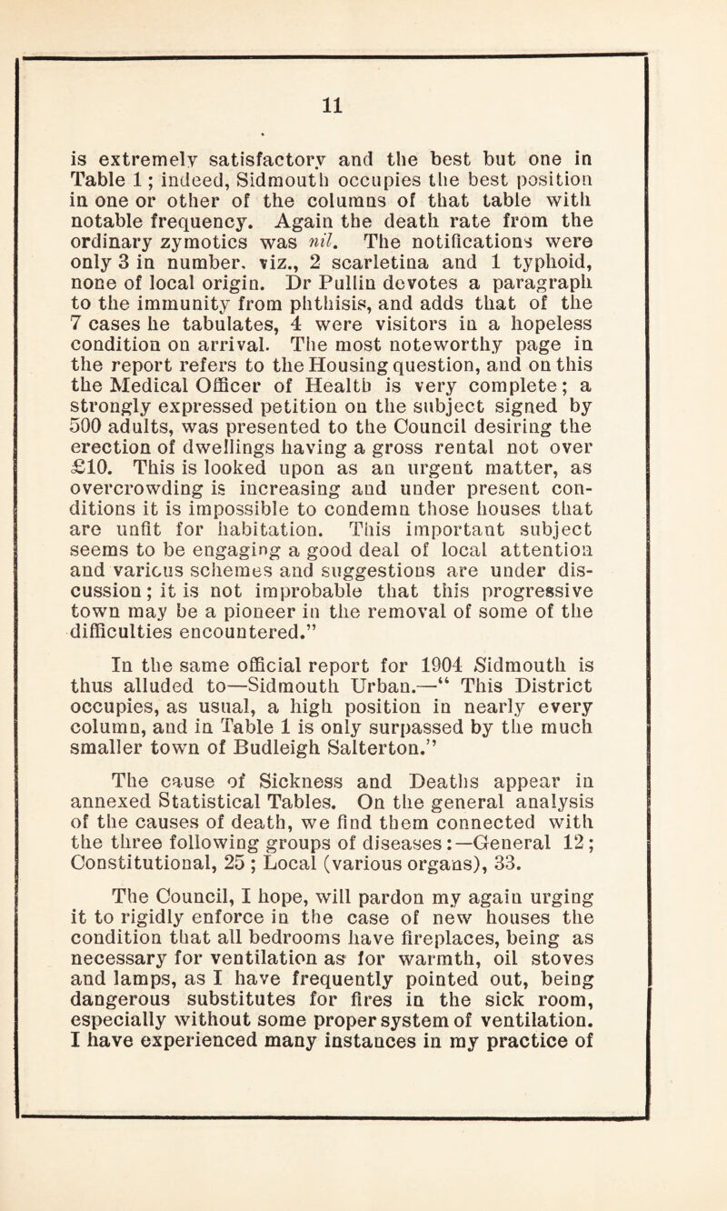 is extremely satisfactory and the best but one in Table 1; indeed, Sidmouth occupies the best position in one or other of the columns of that table with notable frequency. Again the death rate from the ordinary zymotics was nil. The notifications were only 3 in number, viz., 2 scarletina and 1 typhoid, none of local origin. Dr Pullin devotes a paragraph to the immunity from phthisis, and adds that of the 7 cases he tabulates, 4 were visitors in a hopeless condition on arrival. The most noteworthy page in the report refers to the Housing question, and on this the Medical Officer of Health is very complete; a strongly expressed petition on the subject signed by 500 adults, was presented to the Council desiring the erection of dwellings having a gross rental not over £10. This is looked upon as an urgent matter, as overcrowding is increasing and under present con¬ ditions it is impossible to condemn those houses that are unfit for habitation. This important subject seems to be engaging a good deal of local attention and various schemes and suggestions are under dis¬ cussion; it is not improbable that this progressive town may be a pioneer in the removal of some of the difficulties encountered.” In the same official report for 1904 Sidmouth is thus alluded to—Sidmouth Urban.—“ This District occupies, as usual, a high position in nearly every column, and in Table 1 is only surpassed by the much smaller town of Budleigh Salterton.” The cause of Sickness and Deaths appear in annexed Statistical Tables. On the general analysis of the causes of death, we find them connected with the three following groups of diseasesGeneral 12; Constitutional, 25 ; Local (various organs), 33. The Council, I hope, will pardon my again urging it to rigidly enforce in the case of new houses the condition that all bedrooms have fireplaces, being as necessary for ventilation as for warmth, oil stoves and lamps, as I have frequently pointed out, being dangerous substitutes for fires in the sick room, especially without some proper system of ventilation. I have experienced many instances in my practice of