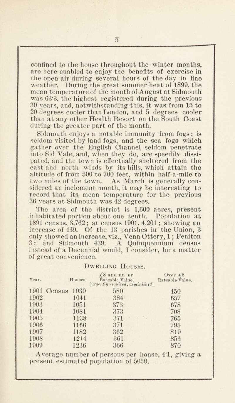 tw' 5 confined to the house throughout the winter months, are here enabled to enjoy the benefits of exercise in tiie open air during several hours of the day in fine weather. During the great summer heat of 1899, the mean temperature of the month of August at Sidmouth was 63*3, the highest registered during the previous 30 years, and, notwithstanding this, it was from 15 to 20 degrees cooler than London, and 5 degrees cooler than at any other Health Resort on the South Coast during the greater part of the month. Sidmouth enjoys a notable immunity from fogs; is seldom visited by land fogs, and the sea fogs which gather over the English Channel seldom penetrate into Sid Yale, and, when they do, are speedily dissi¬ pated, and the town is effectually sheltered from the east and north winds by its hills, which attain the altitude of from 500 to 700 feet, within half-a-mile to two miles of the town. As March is generally con¬ sidered an inclement month, it may be interesting to record that its mean temperature for the previous 36 years at Sidmouth was 42 degrees. The area of the district is 1,600 acres, present inhabitated portion about one tenth. Population at 1891 census, 3,762; at census 1901, 4,201 ; showing an increase of 439. Of the 13 parishes ill the Union, 3 only showed an increase, viz., Venn Ottery, 1; Feniton 3; and Sidmouth 439. A Quinquennium census instead of a Decennial would, I consider, be a matter of great convenience. Dwelling Houses. Year. Houses, £8 and an ]er Rateable Value. Over £8. Rateable Value. 1901 Census 1030 (urgently required, diminished) 580 450 1902 1041 384 657 1903 1051 373 678 1904 1081 373 708 1905 1138 371 765 1906 1166 371 795 1907 1182 362 819 1908 1214 361 853 1909 1236 366 870 Average number of persons per house, 4*1, giving a present estimated population of 5030.
