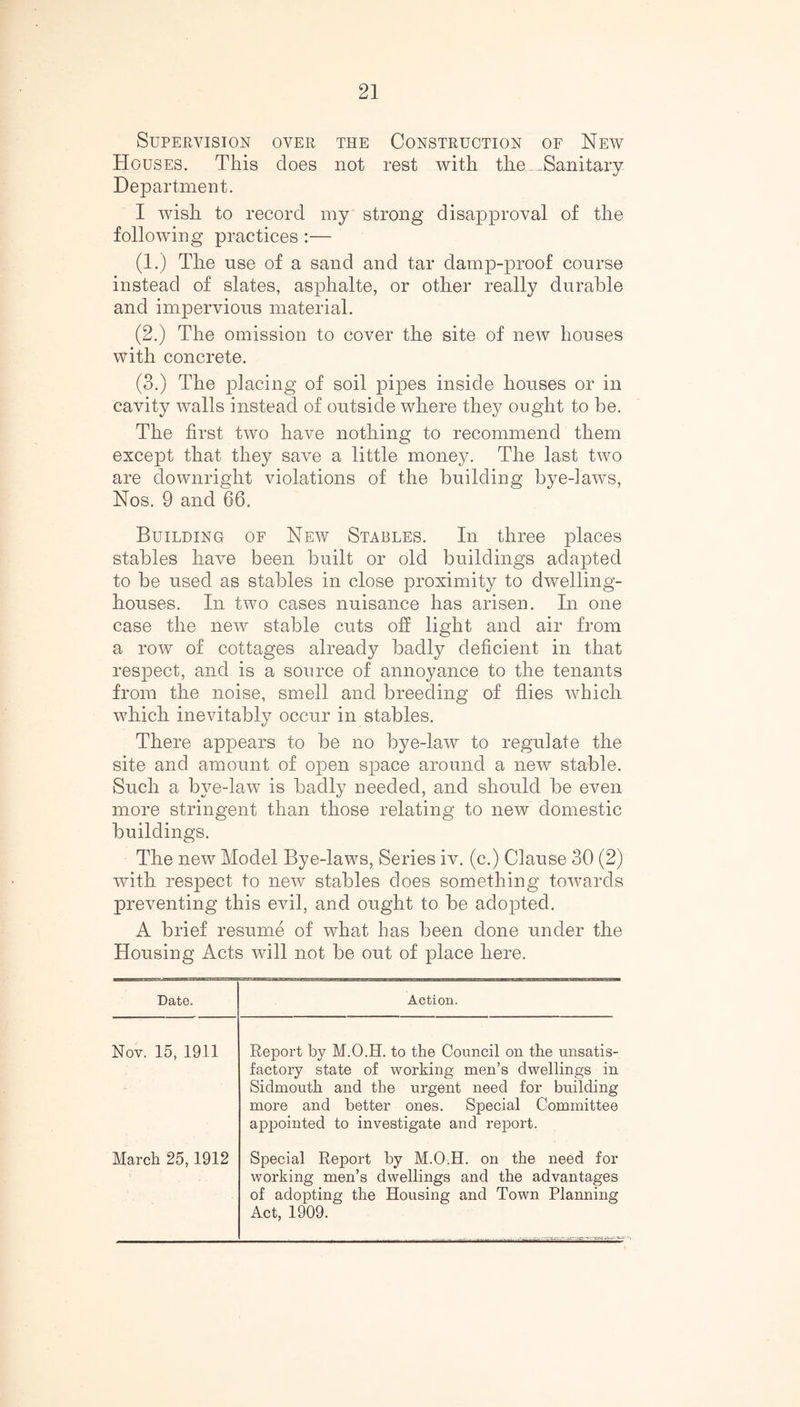 SUPERVISION OYER THE CONSTRUCTION OF NEW Houses. This does not rest with the .Sanitary Department. I wish to record my strong disapproval of the following practices :— (1.) The use of a sand and tar damp-proof course instead of slates, asphalte, or other really durable and impervious material. (2.) The omission to cover the site of new houses with concrete. (3.) The placing of soil pipes inside houses or in cavity walls instead of outside where they ought to be. The first two have nothing to recommend them except that they save a little money. The last two are downright violations of the building bye-laws, Nos. 9 and 66. Building of New Stables. In three places stables have been built or old buildings adapted to be used as stables in close proximity to dwelling- houses. In two cases nuisance has arisen. In one case the new stable cuts off light and air from a row of cottages already badly deficient in that respect, and is a source of annoyance to the tenants from the noise, smell and breeding of flies which which inevitably occur in stables. There appears to be no bye-law to regulate the site and amount of open space around a new stable. Such a bye-law is badly needed, and should be even more stringent than those relating to new domestic buildings. The new Model Bye-laws, Series iv. (c.) Clause 30 (2) with respect to new stables does something towards preventing this evil, and ought to be adopted. A brief resume of what has been done under the Housing Acts will not be out of place here. Date. Action. Nov. 15, 1911 Report by M.O.H. to the Council on the unsatis¬ factory state of working men’s dwellings in Sidmouth and the urgent need for building more and better ones. Special Committee appointed to investigate and report. March 25,1912 Special Report by M.O.H. on the need for working men’s dwellings and the advantages of adopting the Housing and Town Planning Act, 1909.