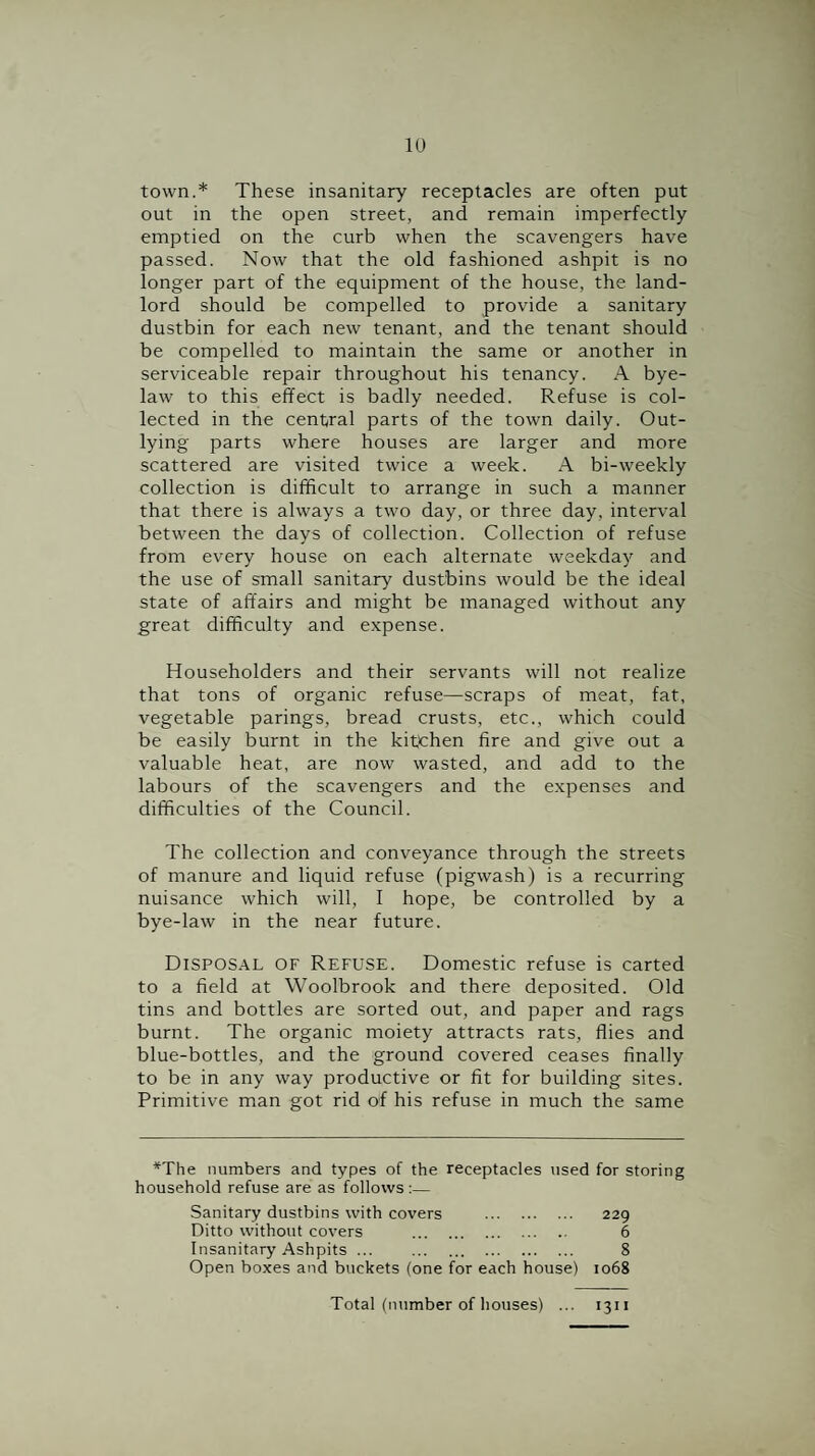 town.* These insanitary receptacles are often put out in the open street, and remain imperfectly emptied on the curb when the scavengers have passed. Now that the old fashioned ashpit is no longer part of the equipment of the house, the land¬ lord should be compelled to provide a sanitary dustbin for each new tenant, and the tenant should be compelled to maintain the same or another in serviceable repair throughout his tenancy. A bye¬ law to this effect is badly needed. Refuse is col¬ lected in the central parts of the town daily. Out¬ lying parts where houses are larger and more scattered are visited twice a week. A bi-weekly collection is difficult to arrange in such a manner that there is always a two day, or three day, interval between the days of collection. Collection of refuse from every house on each alternate weekday and the use of small sanitary dustbins would be the ideal state of affairs and might be managed without any great difficulty and e.xpense. Householders and their servants will not realize that tons of organic refuse—scraps of meat, fat, vegetable parings, bread crusts, etc., which could be easily burnt in the kitchen fire and give out a valuable heat, are now wasted, and add to the labours of the scavengers and the expenses and difficulties of the Council. The collection and conveyance through the streets of manure and liquid refuse (pigwash) is a recurring nuisance which will, I hope, be controlled by a bye-law in the near future. Disposal of Refuse. Domestic refuse is carted to a field at Woolbrook and there deposited. Old tins and bottles are sorted out, and paper and rags burnt. The organic moiety attracts rats, flies and blue-bottles, and the ground covered ceases finally to be in any way productive or fit for building sites. Primitive man got rid of his refuse in much the same *The numbers and types of the receptacles used for storing household refuse are as follows :— Sanitary dustbins with covers . 229 Ditto without covers . 6 Insanitary Ashpits ... 8 Open boxes and buckets (one for each house) 1068 Total (number of houses) ... 1311