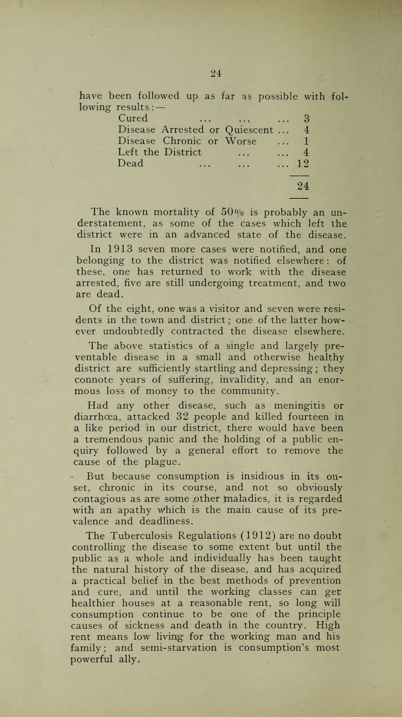 have been followed up as far as possible with fol¬ lowing results : — Cured ... ... ... 3 Disease Arrested or Quiescent ... 4 Disease Chronic or Worse ... 1 Left the District ... ... 4 Dead ... ... ... 12 24 The known mortality of 50o/o is probably an un¬ derstatement, as some of the cases which left the district were in an advanced state of the disease. In 1913 seven more cases were notified, and one belonging to the district was notified elsewhere: of these, one has returned to work with the disease arrested, five are still undergoing treatment, and two are dead. Of the eight, one was a visitor and seven were resi¬ dents in the town and district; one of the latter how¬ ever undoubtedly contracted the disease elsewhere. The above statistics of a single and largely pre¬ ventable disease in a small and otherwise healthy district are sufficiently startling and depressing; they connote years of suffering, invalidity, and an enor¬ mous loss of money to the community. Had any other disease, such as meningitis or diarrhoea, attacked 32 people and killed fourteen in a like period in our district, there would have been a tremendous panic and the holding of a public en¬ quiry followed by a general effort to remove the cause of the plague. • But because consumption is insidious in its on¬ set, chronic in its course, and not so obviously contagious as are some .other imaladies, it is regarded with an apathy w'hich is the main cause of its pre¬ valence and deadliness. The Tuberculosis Regulations (1912) are no doubt controlling the disease to some extent but until the public as a whole and individually has been taught the natural history of the disease, and has acquired a practical belief in the best methods of prevention and cure, and until the working classes can get healthier houses at a reasonable rent, so long will consumption continue to be one of the principle causes of sickness and death in the country. High rent means low livinig for the working man and his family; and semi-starvation is consumption’s most powerful ally.