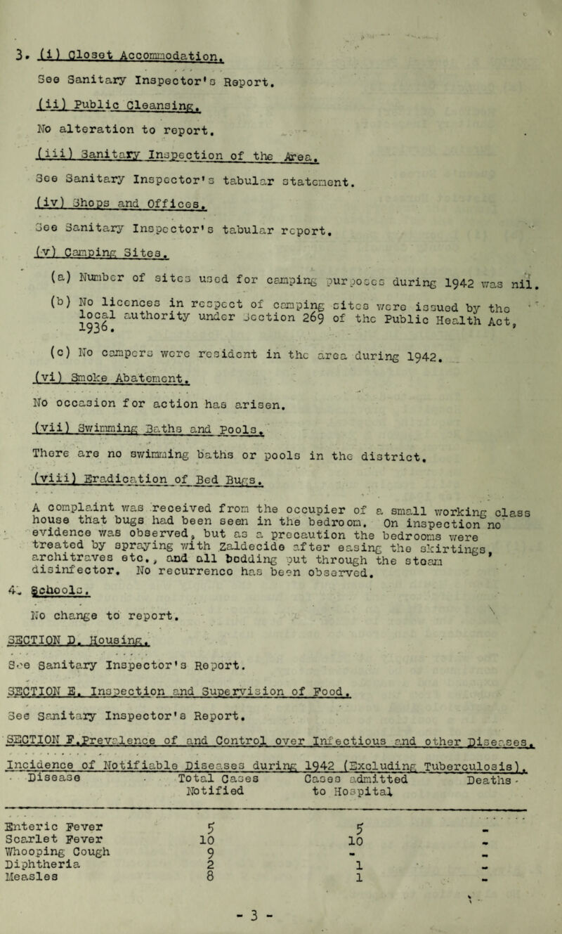 * » See Sanitary Inspector’o Report. (ii) Public Cleansing. No alteration to report. (-iii-) Sanitary Inspection of the Area. See Sanitary Inspector’s tabular statement. (iv) Shops and OfficeBf See Sanitary Inspector’s tabular report, ly). ■Camping Sites. *■ (a) Number of sites used for camping purposes during 1942 was nil. (b) No licences in respect of camping cites were issued by the local authority under Section 269 of the Public Health Act, (c) No campers were resident in the area during 1942. (vi) 3m ole e Abatement. No occasion for action has arisen. (vii) Swimming Baths and P00I3. There are no swimming baths or pools in the district. c * t » w . • , V* . •' • • • » (viii) Eradication of Bed Bugs. n • ’ •_ ' A complaint was received from the occupier of a small working class house that bugs had been seen in the bedroom. On inspection no evidence was observed, but as a precaution the bedroons were treated by spraying with zaldecido after easing the skirtings architraves etc., and all bedding out through the stoam disinfector. No recurrenco has been observed. 41 Schools. No change to report. SECTION D. Housing. • • * S.'e Sanitary Inspector’3 Report. SECTION E. Inspection and Supervision of Food, See Sanitary Inspector's Report. SUCTION F.Prevalence of and Control over Infectious and other Diseases., Incidence of Notifiable Diseases during 1942 (Excluding Tuberculosis^. Disease Total Oases Notified Cases admitted to Hospital Deaths - Enteric Fever 5 5 . Scarlet Fever 10 10 Whooping Cough 9 «■ Diphtheria 2 1 Measles 8 - 3 - 1 mm S \ *-