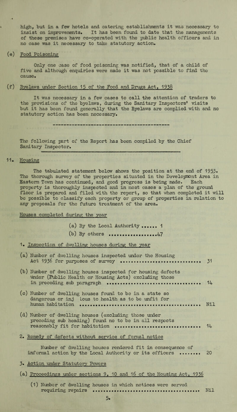 high, but in a few hotels and catering establishments it was necessary to insist on improvements. It has been found to date that the managements of these premises have co-operated with the public health officers and in no case was it necessary to take statutory action. (e) Food Poisoning Only one case of food poisoning was notified, that of a child of five and although enquiries were made it was not possible to find the cause. (f) Byelaws under Section 15 of the Food and Drugs Act, 1938 It was necessary in a few cases to call the attention of traders to the provisions of the byelaws, during the Sanitary Inspectors’ visits but it has been found generally that the Byelaws are complied with and no statutory action has been necessary. The following part of the Report has been compiled by the Chief Sanitary Inspector. 11. Housing The tabulated statement below shows the position at the end of 1953* The thorough survey of the properties situated in the Development Area in Eastern Town has continued, and good progress is being made. Each property is thoroughly inspected and in most cases a plan of the ground floor is prepared and filed with the report, so that when completed it will be possible to classify each property or group of properties in relation to any proposals for the future treatment of the area. Houses completed during, the year (a) By the Local Authority ...... 1 (b) By others ...47 1. Inspection of dwelling houses during the year (a) Number of dwelling houses inspected under the Housing Act 1936 for purposes of survey ..... 31 (b) Number of dwelling houses inspected for housing defects under (Public Health or Housing Acts) excluding those in preceding sub paragraph ..... 14 (c) Number of dwelling houses found to be in a state so dangerous or inj Lous to health as to be unfit for human habitation ...*. Nil (d) Number of dwelling houses (excluding those under preceding sub heading) found no to be in all respects reasonably fit for habitation ... 14 2. Remedy of defects without service of formal notice Number of dwelling houses rendered fit in consequence of informal action by the Local Authority or its officers . 20 3. Action under Statutory Powers (a) Proceedings under sections 9. 10 and 16 of the Housing Act, 1936 (l) Number of dwelling houses in which notices were served requiring repairs .... Nil