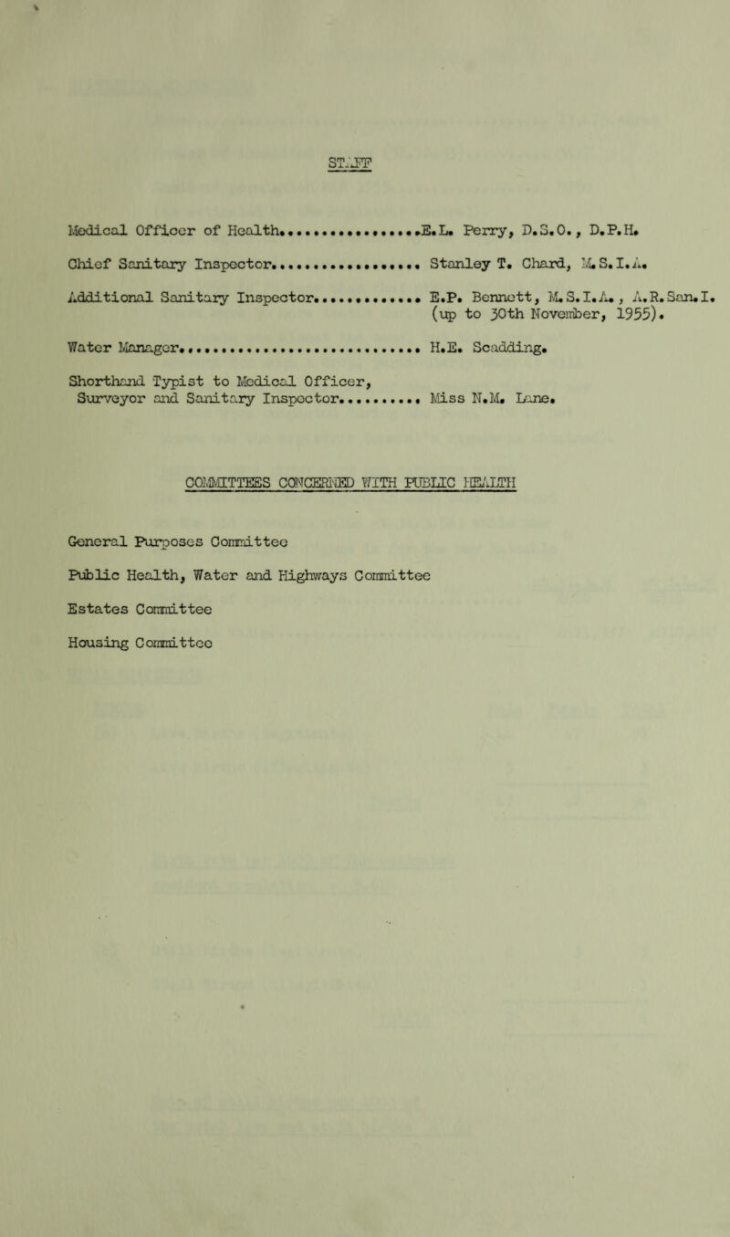 \ STAFF Medical Officer of Health. ...E.L. Perry, D. 3.0., D.P.H. Chief Sanitary Inspector.•••• Stanley T. Chard, M.S.I.A. Additional Sanitary Inspector.... E.P. Bennett, M.S.I.A., A.R.San.I. (up to 30th November, 1955). Water Manager. .. H.E. Sc adding. Shorthand Typist to Medical Officer, Surveyor and Sanitary Inspector.Miss N.M. Lane. COMMITTEES CONCERNED WITH PUBLIC HEALTH General Purposes Committee Public Health, Water and Highways Committee Estates Committee Housing Committee