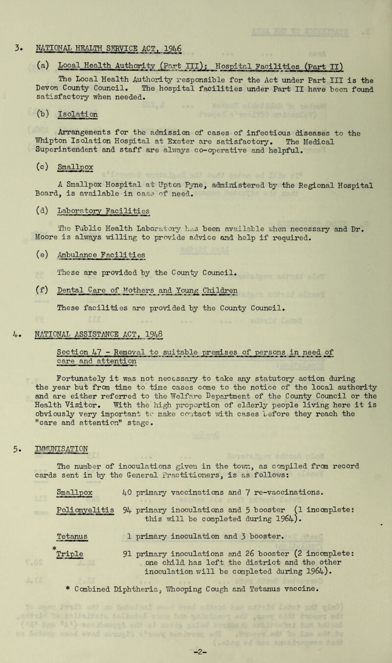 3. NATIONAL HE/iLTH SERVICE ACT, 1946 (a) local Health Author!t;y (Part III); Hospital Facilities (Part II) The Local Health Authority responsible for the Act under Part III is the Devon County Council, The hospital facilities under Part II have been found satisfactory when needed. (b ) Isolati on Arrangements for the admission of cases of infectious diseases to the Whipton Isolation Hospital at Exeter a,re satisfactory. The Medical Superintendent and staff are always co-operative and helpful. A Smallpox Hospital at Upton Pyne, administered by the Regional Hospital Board, is available in casv^ of need. (d) Laboratojry Facilities The Public Health Laborator^T- Las been available when necessary and Dr. Moore is always willing to provide advice and help if required. (e) Ambulance Facilities These are provided by the County Council. (f) Dental Ca,re of Mothers, and JTpuji^ Children These facilities are provided by the County Council, A. NATIONAL ASSISTANCE ACT, 19A8 Section A7 - Removal to suitable premises of persons in need of care and attention Fortiinately it was not necessary to take any statutory action during the year but from time to time cases come to the notice of the local authority and are either referred to the Welfare Department of the County Council or the Health Visitor, With the high proportion of elderly people living here it is obviously very important to make coutact with cases before they reach the care and attention stage. 5. IM.OLESATION The number of inoculations given in the tovrn, as compiled from record cards sent in by the Ueneral Practitioners, is as follows: Smallpox 40 primary vaccinations and 7 re-vaccinations. Pollomyelitis 94 primary inoculations and 5 booster (l inconplete; this will be completed during 1964). Tetanus 1 primary inoculation and 3 booster. Triple 91 primary inoculations and 26 booster (2 incomplete: one child has left the district and the other inoculation ?/ill be completed during 1964). * Combined Diphtheria, Wliooping Cough and Tetanus vaccine. ■2-