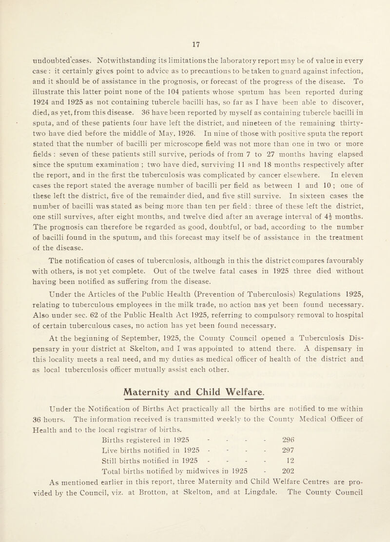 uudoubted'cases. Notwithstanding its limitations the laboratory report may be of value in every case : it certainly gives point to advice as to precautions to betaken to guard against infection, and it should be of assistance in the prognosis, or forecast of the progress of the disease. To illustrate this latter point none of the 104 patients whose sputum has been reported during 1924 and 1925 as not containing tubercle bacilli has, so far as I have been able to discover, died, as yet, from this disease. 36 have been reported by myself as containing tubercle bacilli in sputa, and of these patients four have left the district, and nineteen of the remaining thirty- two have died before the middle of May, 1926. In nine of those with positive sputa the report stated that the number of bacilli per microscope field was not more than one in two or more fields : seven of these patients still survive, periods of from 7 to 27 months having elapsed since the sputum examination ; two have died, surviving 11 and 18 months respectively after the report, and in the first the tuberculosis was complicated by cancer elsewhere. In eleven cases the report stated the average number of bacilli per field as between 1 and 10 ; one of these left the district, five of the remainder died, and five still survive. In sixteen cases the number of bacilli was stated as being more than ten per field : three of these left the district, one still survives, after eight months, and twelve died after an average interval of 4^ months. The prognosis can therefore be regarded as good, doubtful, or bad, according to the number of bacilli found in the sputum, and this forecast may itself be of assistance in the treatment of the disease. The notification of cases of tuberculosis, although in this the district compares favourably with others, is not yet complete. Out of the twelve fatal cases in 1925 three died without having been notified as suffering from the disease. Under the Articles of the Public Health (Prevention of Tuberculosis) Regulations 1925, relating to tuberculous employees in the milk trade, no action Uas yet been found necessary. Also under sec. 62 of the Public Health Act 1925, referring to compulsory removal to hospital of certain tuberculous cases, no action has yet been found necessary. At the beginning of September, 1925, the County Council opened a Tuberculosis Dis¬ pensary in your district at Skelton, and I was appointed to attend there. A dispensary in this locality meets a real need, and my duties as medical officer of health of the district and as local tuberculosis officer mutually assist each other. Maternity and Child Welfare. Under the Notification of Births Act practically all the births are notified to me within 36 hours. The information received is transmitted weekly to the County Medical Officer of Health and to the local registrar of births. Births registered in 1925 - 296 Live births notified in 1925 - 297 Still births notified in 1925 .... 12 Total births notified by midwives in 1925 - 202 As mentioned earlier in this report, three Maternity and Child Welfare Centres are pro¬ vided by the Council, viz. at Brotton, at Skelton, and at Lingdale. The County Council