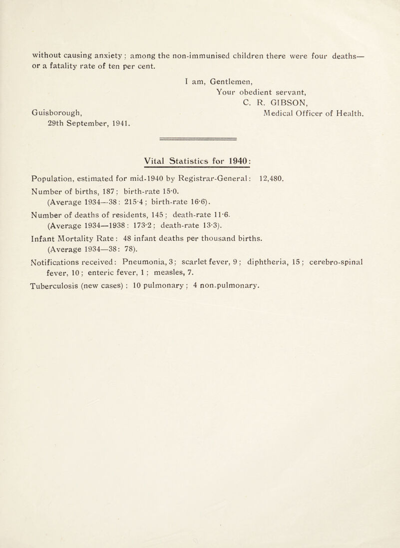 without causing anxiety ; among the non-immunised children there were four deaths— or a fatality rate of ten per cent. I am, Gentlemen, Your obedient servant, C. R. GIBSON, Guisborough, Medical Officer of Health. 29th September, 1941. Vital Statistics for 1940: Population, estimated for mid-1940 by Registrar-General: 12,480. Number of births, 187 ; birth-rate 15*0. (Average 1934—38: 215-4; birth-rate 16*6). Number of deaths of residents, 145 ; death-rate 11*6. (Average 1934—1938 ; 173-2; death-rate 13-3). Infant Mortality Rate: 48 infant deaths per thousand births. (Average 1934—38: 78). Notifications received: Pneumonia, 3; scarlet fever, 9 ; diphtheria, 15 ; cerebro-spinal fever, 10; enteric fever, 1 ; measles, 7.