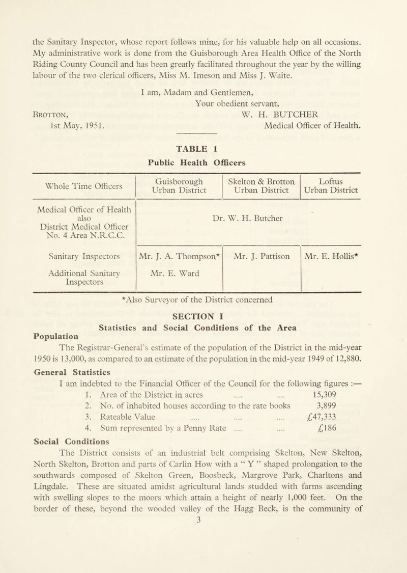 the Sanitary Inspector, whose report follows mine, for his valuable help on all occasions. My administrative work is done from the Guisborough Area Health Office of the North Riding County Council and has been greatly facilitated throughout the year by the willing labour of the two clerical officers, Miss M. Xmeson and Miss J. Waite. Brotton, 1st May, 1951. I am, Madam and Gentlemen, Your obedient servant, W. H. BUTCHER Medical Officer of Health. TABLE 1 Public Health Officers Whole Time Officers Guisborough Urban District Skelton & Brotton Urban District Loftus Urban District Medical Officer of Health also District Medical Officer No. 4 Area N.R.C.C. Dr. W. H. Butcher • Sanitary Inspectors Mr. J. A. Thompson* Mr. J. Pattison Mr. E. Hollis* Additional Sanitary Inspectors Mr. E. Ward *Also Surveyor of the District concerned SECTION I Statistics and Social Conditions of the Area Population The Registrar-General’s estimate of the population of the District in the mid-year 1950 is 13,000, as compared to an estimate of the population in the mid-year 1949 of 12,880. General Statistics I am indebted to the Financial Officer of the Council for the following figures :— 1. Area of the District in acres .... .... 15,309 2. No. of inhabited houses according to the rate books 3,899 3. Rateable Value .... .... .... £47,333 4. Sum represented by a Penny Rate .... .... £186 Social Conditions The District consists of an industrial belt comprising Skelton, New Skelton, North Skelton, Brotton and parts of Carlin How with a “ Y ” shaped prolongation to the southwards composed of Skelton Green, Boosbeck, Margrove Park, Charltons and Lingdale. These are situated amidst agricultural lands studded with farms ascending with swelling slopes to the moors which attain a height of nearly 1,000 feet. On the border of these, beyond the wooded valley of the Hagg Beck, is the community of