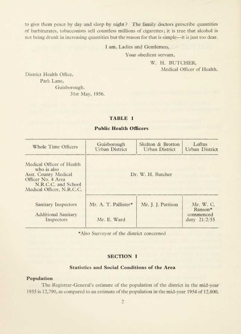 to give them peace by day and sleep by night ? The family doctors prescribe quantities of barbiturates, tobacconists sell countless millions of cigarettes; it is true that alcohol is not being drunk in increasing quantities but the reason for that is simple—it is just too dear. I am, Ladies and Gentlemen, Your obedient servant. District Health Office, Park Lane, Guisborough. 31st A4ay, 1956. W. H. BUTCHER, Medical Officer of Health. TABLE 1 Public Health Officers Whole Time Officers Guisborough Urban District Skelton & Brotton Urban District Loftus Urban District Medical Officer of Health who is also Asst. County Medical Officer No. 4 Area N.R.C.C. and School Medical Officer, N.R.C.C. Dr. W. H. Butcher Sanitary Inspectors Additional Sanitary Mr. A. T. Pallister* xMr. J. ]. Pattison Mr. W. C. Ranson* commenced Inspectors Mr. E. Ward duty 21/2/55 '^'Also Surveyor of the district concerned SECTION I Statistics and Social Conditions of the Area Population The Registrar-General’s estimate of the population of the district in the mid-year 1955 is 12,790, as compared to an estimate of the population in the mid-year 1954 of 12,800. 9