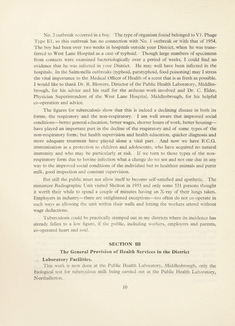 No. 2 outbreak occurred in a boy. The type of organism found belonged to VI. Phage Type El, so this outbreak has no connection with No. 1 outbreak or with that of 1954. The boy had been over two weeks in hospitals outside your District, when he was trans- feri'ed to West Lane Hospital as a case of typhoid. Though large numbers of specimens from contacts were examined bacteriologically over a period of weeks, I could find no evidence that he was infected in your District. He may well have been infected in the hospitals. In the Salmonella outbreaks (typhoid, paratyphoid, food poisoning) may I stress the vital importance to the Medical Ofiicer of Health of a scent that is as fresh as possible. I would like to thank Dr. R. Blowers, Director of the Public Health Laboratory, Middles¬ brough, for his advice and his staff for the arduous work involved and Dr. C. Elder, Physician Superintendent of the West Lane Hospital, Middlesbrough, for his helpful co-operation and advice. The figures for tuberculosis show that this is indeed a declining disease in both its forms, the respiratory and the non-respiratory. I am well aware that improved social conditions—better general education, better wages, shorter hours of work, better housing— have played an important part in the decline of the respiratory and of some types of the non-respiratory form; but health supervision and health education, quicker diagnosis and more adequate treatment have played alone a vital part. And now we have B.C.G. immunization as a protection to children and adolescents, who have acquired no natural immunity and who may be particularly at risk. If we turn to those types of the non- respiratory form due to bovine infection what a change do we see and not one due in any way to the improved social conditions of the individual but to healthier animals and purer milk, good inspection and constant supervision. But still the public must not allow itself to become self-satisfied and apathetic. The miniature Radiographic Unit visited Skelton in 1955 and only some 531 persons thought it worth their while to spend a couple of minutes having an X-ray of their lungs taken. Employers in industry—there are enlightened exceptions—too often do not co-operate in such ways as allowing the unit within their walls and letting the workers attend without wage deductions. Tuberculosis could be practically stamped out in my districts where its incidence has already fallen to a low figure, if the public, including workers, employers and parents, vo-operated heart and soul. SECTION III The General Provision of Health Services in the District . Laboratory Facilities. This work is now done at the Public Health Laboratory, Middlesbrough, only the biological test for tuberculous milk being carried out at the Public Health Laboratory, Northallerton.