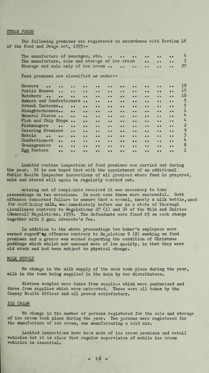 OTHER FOODS The following premises are registered in accordance with Section 16 of the Food and Drugs Act, 1955:- The manufacture of sausages, etc. •• 6 The manufacture, sale and storage of ice cream . 3 Storage and sale only of ice cream .. 27 Food premises are classified as under:- Grocers . 19 Public Houses . 13 Butchers. 10 Bakers and Confectioners . 5 School Canteens. 3 Slaughterhouses.. *• 1 General Stores . 4 Fish and Chip Shops. 4 Fishmongers . 2 Catering Premises . 9 Hotels . 3 Confectioners. 4 Greengrocers . 8 Egg Packers . 1 Limited routine inspection of food premises was carried out during the year. It is now hoped that with the appointment of an additional Public Health Inspector inspections of all premises where food is prepared, sold and stored will again be regularly carried out. Arising out of complaints received it was necessary to take proceedings on two occasions. In each case these were successful. Both offences concerned failure to ensure that a vessel, namely a milk bottle} used for containing milk, war. immediately before use in a state of thorough cleanliness contrary to Regulations 27 (1) and 34 of the Milk and Dairies (General) Regulations, 1959* The Defendants were fined £5 on each charge together with 5 gns. Advocate's Fee. In addition to the above proceedings two baker's employees were warned regarding offences contrary to Regulation 9 (3) smoking on food premises and a grocer was warned regarding the condition of Christmas puddings which whilst not unsound were of low quality, in that they were old stock and had been subject to physical change. MILK SUPPLY No change in the milk supply of the area took place during the year, milk in the town being supplied in the main by two distributors. Sixteen samples were taken from supplies which were pasturised and three from supplies which were untreated. These were all taken by the County Health Officer and all proved satisfactory. ICE CREAM No change in the number of persons registered for the sale and storage of ice cream took place during the year. Two persons were registered for the manufacture of ice cream, one manufacturing a cold mix. Limited inspections have been made of ice cream premises and retail vehicles but it is clear that regular supervision of mobile ice cream vehicles is essential. 1 6
