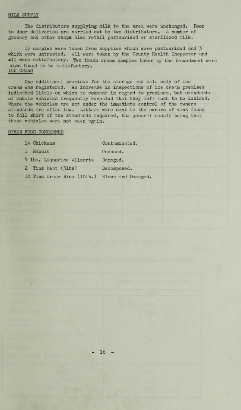 MILK SUPPLY The distributors supplying milk to the area were unchanged. Door to door deliveries are carried out by two distributors. A number of grocery and other shops also retail pasteurised or sterilized milk. 17 samples were taken from supplies which were pasteurised and 3 which were untreated, all were taken by the County Health Inspector -and all were satisfactory. Two fresh cream samples taken by the Department were also found to be satisfactory. ICE CRShM One additional premises for the storage and sale only of ice cream was registered. An increase in inspections of ice cream premises indicated little on which to comment in regard to premises, but standards of mobile vehicles frequently revealed that they left much to be desired. Where the vehicles are not under the immediate control of the owners standards are often low. Letters were sent to the owners of vans found to fall short of the standards required, the general result being that these vehicles were not seen again. OTHER FOOD CONDEMNED 14 Chickens Contaminated. 1 Rabbit Unsound. 4 lbs. Liquorice Allsorts Damaged. 2 Tins Meat (31bs) Decomposed. 10 Tins Cream Rice (101b.) Blown and Damaged. 16