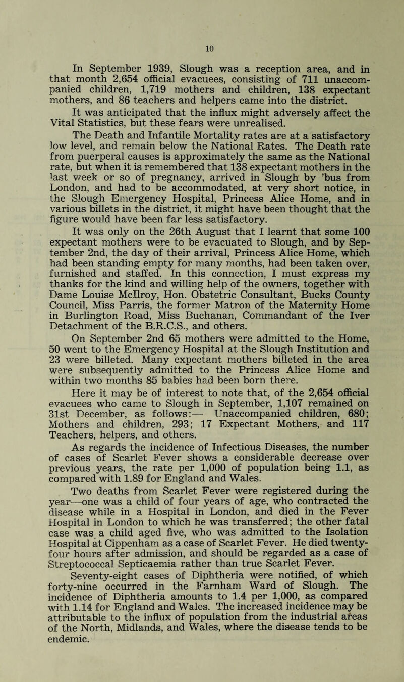 In September 1939, Slough was a reception area, and in that month 2,654 official evacuees, consisting of 711 unaccom¬ panied children, 1,719 mothers and children, 138 expectant mothers, and 86 teachers and helpers came into the district. It was anticipated that the influx might adversely affect the Vital Statistics, but these fears were unrealised. The Death and Infantile Mortality rates are at a satisfactory low level, and remain below the National Rates. The Death rate from puerperal causes is approximately the same as the National rate, but when it is remembered that 138 expectant mothers in the last week or so of pregnancy, arrived in Slough by ’bus from London, and had to be accommodated, at very short notice, in the Slough Emergency Hospital, Princess Alice Home, and in various billets in the district, it might have been thought that the figure would have been far less satisfactory. It was only on the 26th August that I learnt that some 100 expectant mothers were to be evacuated to Slough, and by Sep¬ tember 2nd, the day of their arrival. Princess Alice Home, which had been standing empty for many months, had been taken over, furnished and staffed. In this connection, I must express my thanks for the kind and willing help of the owners, together with Dame Louise Mcllroy, Hon. Obstetric Consultant, Bucks County Council, Miss Parris, the former Matron of the Maternity Home in Burlington Road, Miss Buchanan, Commandant of the Iver Detachment of the B.R.C.S., and others. On September 2nd 65 mothers were admitted to the Home, 50 went to the Emergency Hospital at the Slough Institution and 23 were billeted. Many expectant mothers billeted in the area were subsequently admitted to the Princess Alice Home and within two months 85 babies had been born there. Here it may be of interest to note that, of the 2,654 official evacuees who came to Slough in September, 1,107 remained on 31st December, as follows:— Unaccompanied children, 680; Mothers and children, 293; 17 Expectant Mothers, and 117 Teachers, helpers, and others. As regards the incidence of Infectious Diseases, the number of cases of Scarlet Fever shows a considerable decrease over previous years, the rate per 1,000 of population being 1.1, as compared with 1.89 for England and Wales. Two deaths from Scarlet Fever were registered during the year—one was a child of four years of age, who contracted the disease while in a Hospital in London, and died in the Fever Hospital in London to which he was transferred; the other fatal case was, a child aged five, who was admitted to the Isolation Hospital at Cippenham as a case of Scarlet Fever. He died twenty- four hours after admission, and should be regarded as a case of Streptococcal Septicaemia rather than true Scarlet Fever. Seventy-eight cases of Diphtheria were notified, of which forty-nine occurred in the Farnham Ward of Slough. The incidence of Diphtheria amounts to 1.4 per 1,000, as compared with 1.14 for England and Wales. The increased incidence may be attributable to the influx of population from the industrial afeas of the North, Midlands, and Wales, where the disease tends to be endemic.