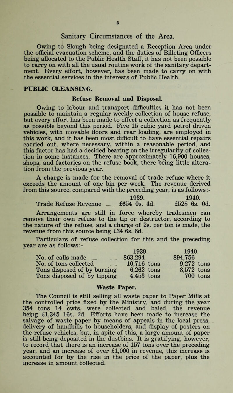 Sanitary Circumstances of the Area. Owing to Slough being designated a Reception Area under the official evacuation scheme, and the duties of Billeting Officers being allocated to the Public Health Staff, it has not been possible to carry on with all the usual routine work of the sanitary depart¬ ment. Every effort, however, has been made to carry on with the essential services in the interests of Public Health. PUBLIC CLEANSING. Refuse Removal and Disposal. Owing to labour and transport difficulties it has not been possible to maintain a regular weekly collection of house refuse, but every effort has been made to effect a collection as frequently as possible beyond this period. Five 15 cubic yard petrol driven vehicles, with movable floors and rear loading, are employed in this work, and it has been most difficult to have essential repairs carried out, where necessary, within a reasonable period, and this factor has had a decided bearing on the irregularity of collec¬ tion in some instances. There are approximately 16,900 houses, shops, and factories on the refuse book, there being little altera¬ tion from the previous year. A charge is made for the removal of trade refuse where it exceeds the amount of one bin per week. The revenue derived from this source, compared with the preceding year, is as follows :- 1939. 1940. Trade Refuse Revenue . £654 Os. 4d. £528 6s. Od. Arrangements are still in force whereby tradesmen can remove their own refuse to the tip or destructor, according to the nature of the refuse, and a charge of 2s. per ton is made, the revenue from this source being £34 6s. 6d. Particulars of refuse collection for this and the preceding year are as follows ;- 1939 No. of calls made . 863,294 No. of tons collected . 10,716 tons Tons disposed of by burning 6,262 tons Tons disposed of by tipping 4,453 tons 1940. 894,756 9,272 tons 8,572 tons 700 tons Waste Paper. The Council is still selling all waste paper to Paper Mills at the controlled price fixed by the Ministry, and during the year 354 tons 14 cwts. were collected and baled, the revenue being £1,345 16s. 2d. Efforts have been made to increase the salvage of waste paper by means of appeals in the local press, delivery of handbills to householders, and display of posters on the refuse vehicles, but, in spite of this, a large amount of paper is still being deposited in the dustbins. It is gratifying, however, to record that there is an increase of 157 tons over the preceding year, and an increase of over £1,000 in revenue, this increase is accounted for by the rise in the price of the paper, plus the increase in amount collected.