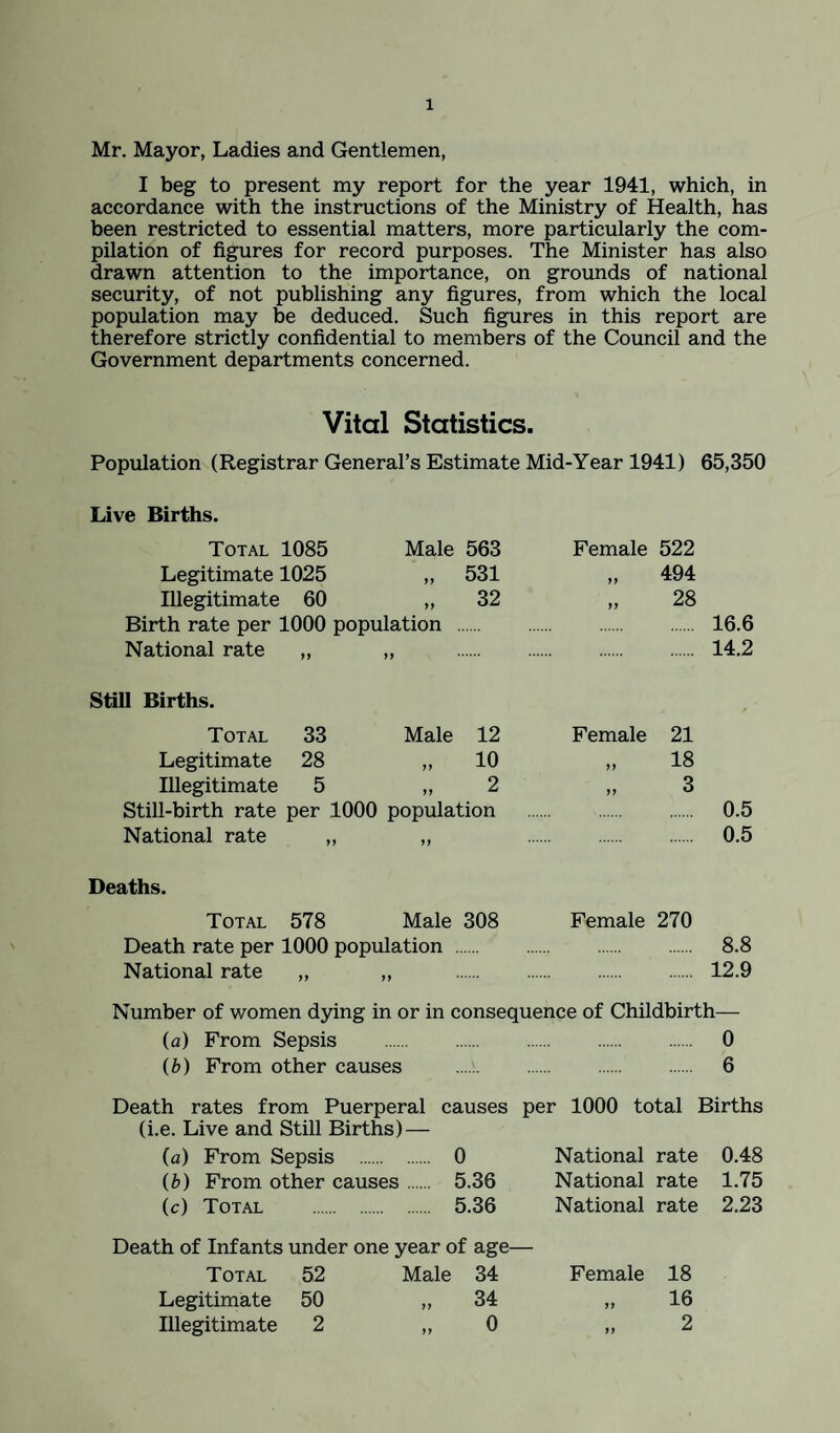 Mr. Mayor, Ladies and Gentlemen, I beg to present my report for the year 1941, which, in accordance with the instructions of the Ministry of Health, has been restricted to essential matters, more particularly the com¬ pilation of figures for record purposes. The Minister has also drawn attention to the importance, on grounds of national security, of not publishing any figures, from which the local population may be deduced. Such figures in this report are therefore strictly confidential to members of the Council and the Government departments concerned. Vital Statistics. Population (Registrar General’s Estimate Mid-Year 1941) 65,350 Live Births. Total 1085 Male 563 Female 522 Legitimate 1025 „ 531 99 494 Illegitimate 60 „ 32 99 28 Birth rate per 1000 population 16.6 National rate „ „ 14.2 Still Births. Total 33 Male 12 Female 21 Legitimate 28 „ 10 99 18 Illegitimate 5 ,, 2 99 3 Still-birth rate per 1000 population 0.5 National rate „ ,, 0.5 Deaths. Total 578 Male 308 Female 270 Death rate per 1000 population 8.8 National rate ,, ,, 12.9 Number of women dying in or in consequence of Childbirth— (a) From Sepsis . 0 (ft) From other causes . 6 Death rates from Puerperal causes per 1000 total Births (i.e. Live and Still Births) — (a) From Sepsis . 0 National rate 0.48 (fc) From other causes. 5.36 National rate 1.75 (c) Total . 5.36 National rate 2.23 Death of Infants under one year of age— Total 52 Male 34 Female 18 Legitimate 50 „ 34 „ 16 Illegitimate 2 „ 0 „ 2