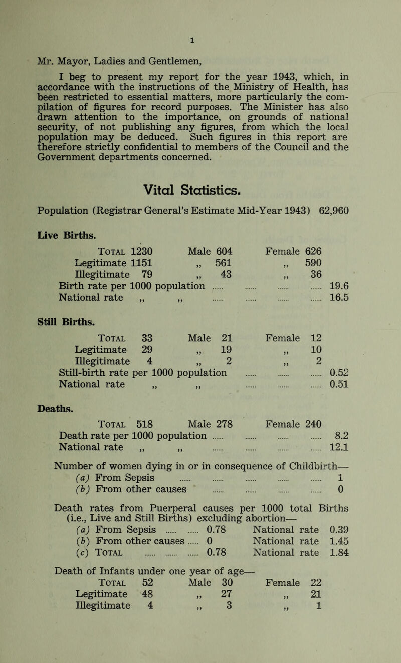 Mr. Mayor, Ladies and Gentlemen, I beg to present my report for the year 1943, which, in accordance with the instructions of the Ministry of Health, has been restricted to essential matters, more particularly the com¬ pilation of figures for record purposes. The Minister has also drawn attention to the importance, on grounds of national security, of not publishing any figures, from which the local population may be deduced. Such figures in this report are therefore strictly confidential to members of the Council and the Government departments concerned. Vital Statistics. Population (Registrar General’s Estimate Mid-Year 1943) 62,960 Live Births. Total 1230 Male 604 Female 626 Legitimate 1151 „ 561 590 Illegitimate 79 „ 43 >> 36 Birth rate per 1000 population 19.6 National rate „ „ 16.5 Still Births. Total 33 Male 21 Female 12 Legitimate 29 „ 19 10 Illegitimate 4 „ 2 2 Still-birth rate per 1000 population 0.52 National rate „ „ 0.51 Deaths. Total 518 Male 278 Female 240 Death rate per 1000 population 8.2 National rate „ „ 12.1 Number of women dying in or in consequence of Childbirth— faj From Sepsis . 1 fbj From other causes . 0 Death rates from Puerperal causes per 1000 total Births (i.e., Live and Still Births) excluding abortion— faj From Sepsis . . 0.78 National rate 0.39 (b) From other causes . 0 National rate 1.45 (c) Total . . 0.78 National rate 1.84 Death of Infants under one year of age- Total 52 Male 30 Female 22 Legitimate 48 „ 27 >> 21 Illegitimate 4 „ 3 ff 1