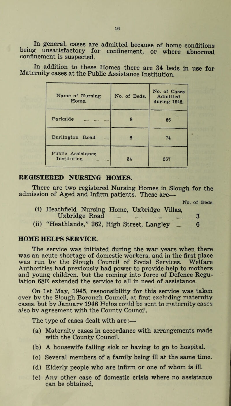 In general, cases are admitted because of home conditions being unsatisfactory for confinement, or where abnormal confinement is suspected. In addition to these Homes there are 34 beds in use for Maternity cases at the Public Assistance Institution. Name of Nursing Home. No. of Beds. No. of Cases Admitted during 1940. Parkside . 8 00 Burlington Road 8 74 Public Assistance Institution . ...... 34 367 REGISTERED NURSING HOMES. There are two registered Nursing Homes in Slough for the admission of Aged and Infirm patients. These are— No. of Beds, (i) Heathfield Nursing Home, Uxbridge Villas, Uxbridge Road . 3 (ii) “Heathlands,” 262, High Street, Langley . 6 HOME HELPS SERVICE. The service was initiated during the war years when there was an acute shortage of domestic workers, and in the first place was run by the Slough Council of Social Services. Welfare Authorities had previously had power to provide help to mothers and young children, but the coming into force of Defence Regu¬ lation 68E extended the service to all in need of assistance. On 1st May, 1945, responsibility for this service was taken over by the Slough Borough Council, at first excluding maternity cases, but by Januarv 1946 Heins could be sent to maternity cases a!so by agreement with the County Council. The type of cases dealt with are:— (a) Maternity cases in accordance with arrangements made with the County Council. (b) A housewife falling sick or having to go to hospital. (c) Several members of a family being ill at the same time. (d) Elderly people who are infirm or one of whom is ill. (e) Anv other case of domestic crisis where no assistance can be obtained,