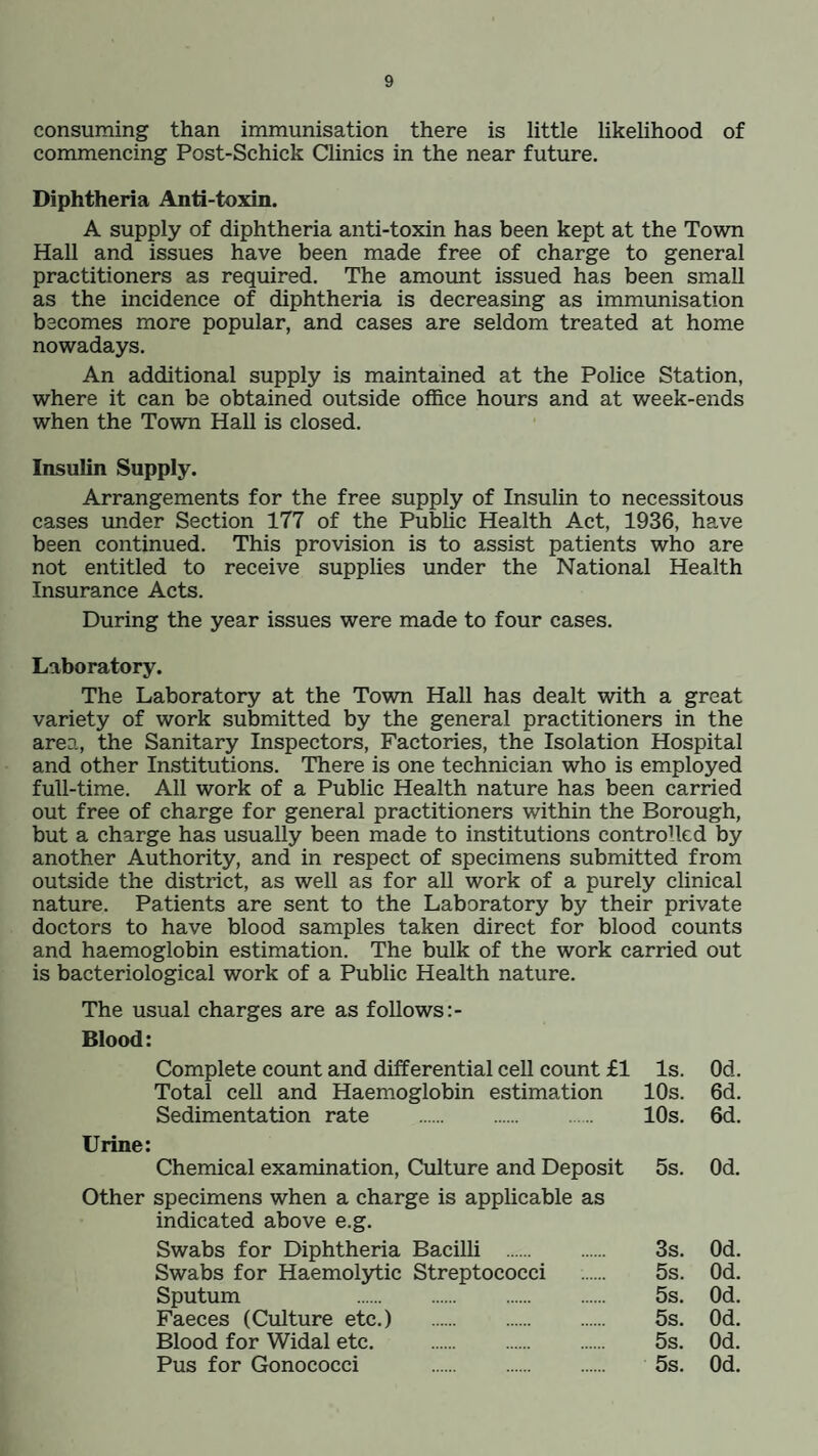 consuming than immunisation there is little likelihood of commencing Post-Schick Clinics in the near future. Diphtheria Anti-toxin. A supply of diphtheria anti-toxin has been kept at the Town Hall and issues have been made free of charge to general practitioners as required. The amount issued has been small as the incidence of diphtheria is decreasing as immunisation becomes more popular, and cases are seldom treated at home nowadays. An additional supply is maintained at the Police Station, where it can be obtained outside office hours and at week-ends when the Town Hall is closed. Insulin Supply. Arrangements for the free supply of Insulin to necessitous cases under Section 177 of the Public Health Act, 1936, have been continued. This provision is to assist patients who are not entitled to receive supplies under the National Health Insurance Acts. During the year issues were made to four cases. Laboratory. The Laboratory at the Town Hall has dealt with a great variety of work submitted by the general practitioners in the area, the Sanitary Inspectors, Factories, the Isolation Hospital and other Institutions. There is one technician who is employed full-time. All work of a Public Health nature has been carried out free of charge for general practitioners within the Borough, but a charge has usually been made to institutions controhed by another Authority, and in respect of specimens submitted from outside the district, as well as for all work of a purely clinical nature. Patients are sent to the Laboratory by their private doctors to have blood samples taken direct for blood counts and haemoglobin estimation. The bulk of the work carried out is bacteriological work of a Public Health nature. The usual charges are as follows Blood: Complete count and differential cell count £1 Is. Od. Total cell and Haemoglobin estimation 10s. 6d. Sedimentation rate . 10s. 6d. Urine: Chemical examination, Culture and Deposit 5s. Od. Other specimens when a charge is applicable as indicated above e.g. Swabs for Diphtheria Bacilli . 3s. Od. Swabs for Haemolytic Streptococci . 5s. Od. Sputum 5s. Od. Faeces (Culture etc.) . 5s. Od. Blood for Widal etc. . 5s. Od. Pus for Gonococci . 5s. Od.