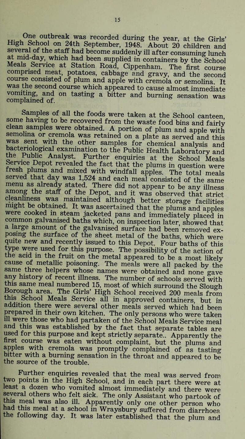 u- One outbreak was recorded during the year, at the Girls’ High School on 24th September, 1948. About 20 children and several of the staff had become suddenly ill after consuming lunch at mid-day, which had been supplied in containers by the School Meals Service at Station Road, Cippenham. The first course comprised meat, potatoes, cabbage and gravy, and the second course consisted of plum and apple with cremola or semolina. It was the second course which appeared to cause almost immediate vomiting, and on tasting a bitter and burning sensation was complained of. Samples of all the foods were taken at the School canteen, some having to be recovered from the waste food bins and fairly clean samples were obtained. A portion of plum and apple with semolina or cremola was retained on a plate as served and this was sent with the other samples for chemical analysis and bacteriological examination to the Public Health Laboratory and the PuWic Analyst Further enquiries at the School Meals Service Depot revealed the fact that the plums in question were fresh plums and mixed with windfall apples. The total meals served that day was 1,524 and each meal consisted of the same menu as already stated. There did not appear to be any illness among the staff of the Depot, and it was observed that strict cleanliness was maintained although better storage facilities might be obtained. It was ascertained that the plums and apples were cooked m steam jacketed pans and immediately placed in common galvanised baths which, on inspection later showed that a large amount of the galvanised surface had been removed ex¬ posing the surface of the sheet metal of the baths, which were quite new and recently issued to this Depot. Four baths of this t^e were used for this purpose. The possibility of the action of the acid m the fruit on the metal appeared to be a most likely cause of metallic poisoning. The meals were all packed by the same three helpers whose names were obtained and none gave any history of recent illness. The number of schools served with mis same meal numbered 15, most of which surround the Slough Borough area. The Girls’ High School received 200 meals from this School Meals Service all in approved containers, but in addition there were several other meals served which had been prepared in their own kitchen. The only persons who were taken ill were those who had partaken of the School Meals Service meal and this was established by the fact that separate tables are used for this purpose and kept strictly separate.. Apparently the first course was eaten without complaint, but the plums and apples with cremola was promptly complained of as tasting bitter with a burning sensation in the throat and appeared to be the source of the trouble. Further enquiries revealed that the meal was served from, two points in the High School, and in each part there were at least a dozen who vomited almost immediately and there were several others who felt sick. The only Assistant who partook of this meal was also ill. Apparently only one other person who had this meal at a school in Wraysbury suffered from diarrhoea the following day. It was later established that the plum and