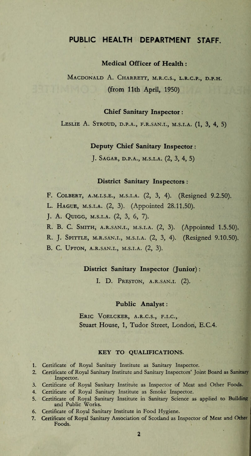 PUBLIC HEALTH DEPARTMENT STAFF. Medical Officer of Health : Macdonald A. Charrett, m.r.c.s., l.r.c.p., d.p.h. (from 11th April, 1950) Chief Sanitary Inspector: Leslie A. Stroud, d.p.a., f.r.san.i., m.s.i.a. (1, 3, 4, 5) Deputy Chief Sanitary Inspector : J. Sagar, d.p.a., m.s.i.a. (2, 3, 4, 5) District Sanitary Inspectors : F. Colbert, a.m.i.s.e., m.s.i.a. (2, 3, 4). (Resigned 9.2.50). L. Hague, m.s.i.a. (2, 3). (Appointed 28.11.50). J. A. Quigg, m.s.i.a. (2, 3, 6, 7). R. B. C. Smith, a.r.san.i., m.s.i.a. (2, 3). (Appointed 1.5.50). R. J. Spittle, m.r.san.i., m.s.i.a. (2, 3, 4). (Resigned 9.10.50). B. C. Upton, a.r.san.i., m.s.i.a. (2, 3). District Sanitary Inspector (Junior): I. D. Preston, a.r.san.i. (2). Public Analyst: Eric Voelcker, a.r.c.s., f.i.c., Stuart House, 1, Tudor Street, London, E.C.4. KEY TO QUALIFICATIONS. 1. Certificate of Royal Sanitary Institute as Sanitary Inspector. 2. Certificate of Royal Sanitary Institute and Sanitary Inspectors’ Joint Board as Sanitary Inspector. 3. Certificate of Royal Sanitary Institute as Inspector of Meat and Other Foods. 4. Certificate of Royal Sanitary Institute as Smoke Inspector. 5. Certificate of Royal Sanitary Institute in Sanitary Science as applied to Building and Public Works. 6. Certificate of Royal Sanitary Institute in Food Hygiene. 7. Certificate of Royal Sanitary Association of Scotland as Inspector of Meat and Other Foods.