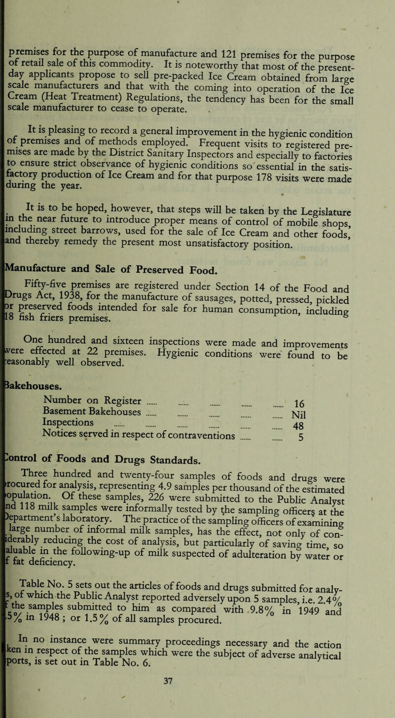 premises for the purpose of manufacture and 121 premises for the purpose of retail sale of this commodity. It is noteworthy that most of the present- day applicants propose to sell pre-packed Ice Cream obtained from large scale manufacturers and that with the coming into operation of the Ice Cream (Heat Treatment) Regulations, the tendency has been for the small scale manufacturer to cease to operate. It is pleasing to record a general improvement in the hygienic condition of premises and of methods employed. Frequent visits to registered pre¬ mises are made by the District Sanitary Inspectors and especially to factories to ensure strict observance of hygienic conditions so essential in the satis¬ factory production of Ice Cream and for that purpose 178 visits were made during the year. .'iff V _ h* I It is to be hoped, however, that steps will be taken by the Legislature in the near future to introduce proper means of control of mobile shops including street barrows, used for the sale of Ice Cream and other foods’ and thereby remedy the present most unsatisfactory position. Manufacture and Sale of Preserved Food. Fifty-five premises are registered under Section 14 of the Food and Drugs Act, 1938, for the manufacture of sausages, potted, pressed, pickled j>r preserved foods intended for sale for human consumption, including 18 fish friers premises. 6 One hundred and sixteen inspections were made and improvements vere effected at 22 premises. Hygienic conditions were found to be 'easonably well observed. bakehouses. Number on Register . Basement Bakehouses . Inspections . Notices served in respect of contraventions 16 Nil 48 5 .ontrol of Foods and Drugs Standards. Three hundred and twenty-four samples of foods and drugs were rocured for analysis, representing 4.9 samples per thousand of the estimated opulation Of these samples, 226 were submitted to the Public Analyst nd 118 milk samples were informally tested by the sampling officers at the department s laboratory. The practice of the sampling officers of examining large number of informal milk samples, has the effect, not only of con iderably reducing the cost of analysis, but particularly of saving time, so aluable m the following-up of milk suspected of adulteration by water or Tabie No. 5 sets out the articles of foods and drugs submitted for analy- s, ot which the Public Analyst reported adversely upon 5 samples, i.e. 2.4 <y * the samples submitted to him as compared with 9.8% in 1949 and 5 /0 in 1948 ; or 1.5% of all samples procured. In no instance were summary proceedings necessary and the action ken in respect of the samples which were the subject of adverse analytical ports, is set out in Table No. 6. y