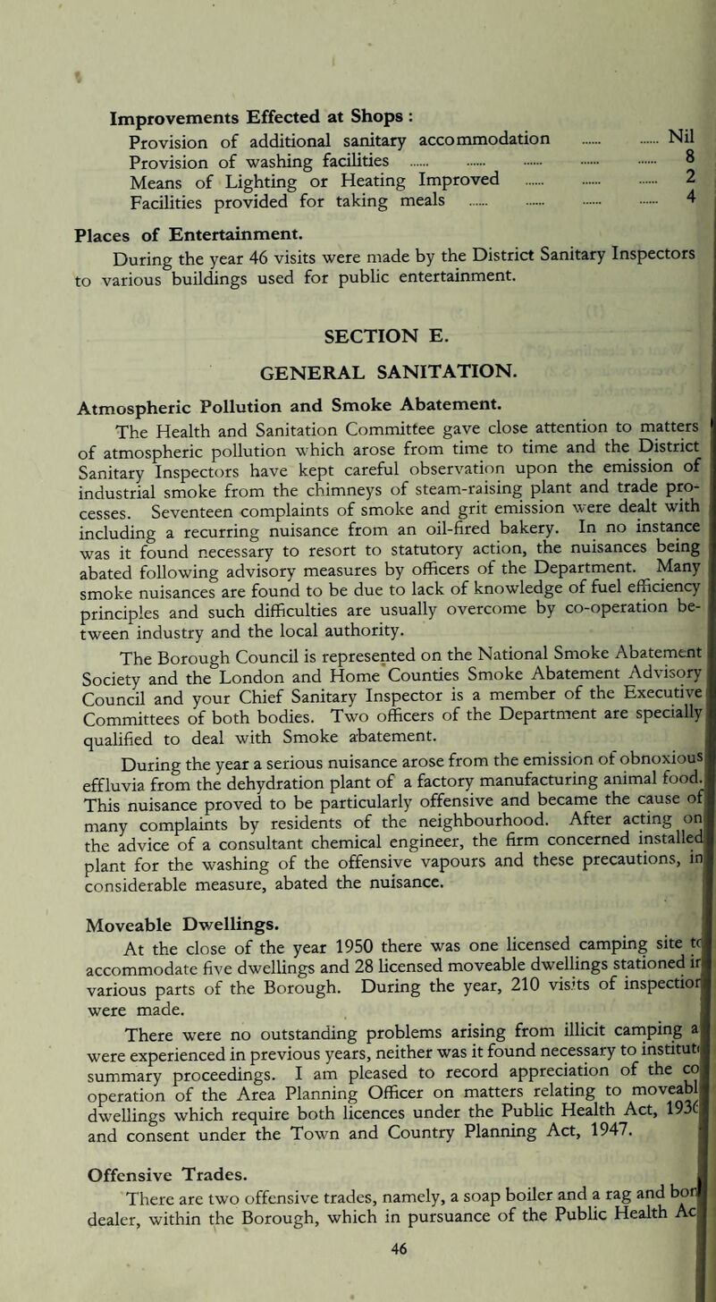 Improvements Effected at Shops : Provision of additional sanitary accommodation . Nil Provision of washing facilities . . . 8 Means of Lighting or Heating Improved . . . 2 Facilities provided for taking meals . 4 Places of Entertainment. During the year 46 visits were made by the District Sanitary Inspectors to various buildings used for public entertainment. SECTION E. GENERAL SANITATION. Atmospheric Pollution and Smoke Abatement. The Health and Sanitation Committee gave close attention to matters of atmospheric pollution which arose from time to time and the District Sanitary Inspectors have kept careful observation upon the emission of industrial smoke from the chimneys of steam-raising plant and trade pro¬ cesses. Seventeen complaints of smoke and grit emission were dealt with including a recurring nuisance from an oil-fired bakery. In no instance was it found necessary to resort to statutory action, the nuisances being abated following advisory measures by officers of the Department. Many smoke nuisances are found to be due to lack of knowledge of fuel efficiency principles and such difficulties are usually overcome by co-operation be¬ tween industry and the local authority. The Borough Council is represented on the National Smoke Abatement Society and the London and Home Counties Smoke Abatement Ad\ Lory Council and your Chief Sanitary Inspector is a member of the Executive Committees of both bodies. Two officers of the Department are specially qualified to deal with Smoke abatement. During the year a serious nuisance arose from the emission of obnoxious effluvia from the dehydration plant of a factory manufacturing animal food. This nuisance proved to be particularly offensive and became the cause of many complaints by residents of the neighbourhood. After acting on the advice of a consultant chemical engineer, the firm concerned installed plant for the washing of the offensive vapours and these precautions, in considerable measure, abated the nuisance. Moveable Dwellings. At the close of the year 1950 there was one licensed camping site tc accommodate five dwellings and 28 licensed moveable dwellings stationed in various parts of the Borough. During the year, 210 visits of inspectior were made. There were no outstanding problems arising from illicit camping a: were experienced in previous years, neither was it found necessary to instituti summary proceedings. I am pleased to record appreciation of the co operation of the Area Planning Officer on matters relating to moveabl dwellings which require both licences under the Public Health Act, 193c and consent under the Towm and Country Planning Act, 1947. Offensive Trades. There are two offensive trades, namely, a soap boiler and a rag and bon dealer, within the Borough, which in pursuance of the Public Health Ao