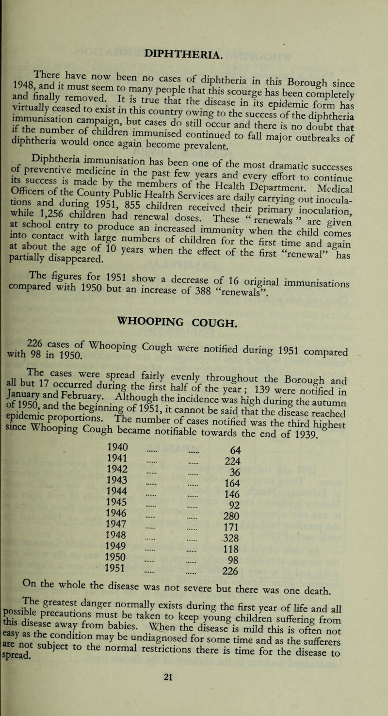 DIPHTHERIA. diphtheria in this Borough since and tail; “roVer Tt TZ!£;h:T ‘■“.5'“. “* p*''? virtually ceased to exist in this country owingT^the^ucLsrof the^diohth^ .mmu^sa„o„ campaign, but cases do still L JZTSZ ^s doKhat to-^^ised continued to fall major outeak of diphtheria would once again become prevalent. outoreaks ot nf immunisation has been one of the most dramatic successes tmo contact with large numbers of children for Ihe first“mfand rMfn pa^ia% tiX;Srel'“ Cewal'-^ comp™:d'’&go Lt^'afrreasfS WHOOPING COUGH. withes “Twa ''’’“P'® Co'^g*' during 1951 compared all h.???'**'* '“? j “P’d fairly evenly throughout the Borough and all but 17 occurred during the first half of the year • 139 were notffied January and February. Although the incidence was Ugh durtag ,he“ mu^ of 1950, and the beginmng of 1951, it cannot be said thlt the dfaease mach^S sTnee'Who^orT K?' of ““ “dd'd wasihe tSd htahese ince Whooping Cough became notifiable towards the end of 1939. ® 1940 1941 1942 1943 1944 1945 1946 1947 1948 1949 1950 1951 64 224 36 164 146 92 280 171 328 118 98 226 On the whole the disease was not severe but there was one death. nncciki'^ greatest danger normally exists during the first year of life and all po sible precautions must be taken to keep young children suffSL frorn easy a^SreoSio^^”^ babies. When the disease is mild this is often not are not sublet to undiagnosed for some time and as the sufferers sprea? ^ restrictions there is time for the disease to