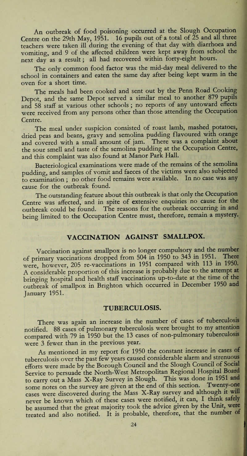 An outbreak of food poisoning occurred at the Slough Occupation Centre on the 29th May, 1951. 16 pupils out of a total of 25 and all three teachers were taken ill during the evening of that day with diarrhoea and vomiting, and 9 of the affected children were kept away from school the next day as a result; all had recovered within forty-eight hours. The only common food factor was the mid-day meal delivered to the school in containers and eaten the same day after being kept warm in the oven for a short time. The meals had been cooked and sent out by the Penn Road Cooking Depot, and the same Depot served a similar meal to another 879 pupils and 58 staff at various other schools ; no reports of any untoward effects were received from any persons other than those attending the Occupation Centre. The meal under suspicion consisted of roast lamb, mashed potatoes, dried peas and beans, gravy and semolina pudding flavoured with orange and covered with a small amount of jam. There was a complaint about the sour smell and taste of the semolina pudding at the Occupation Centre, and this complaint was also found at Manor Park Hall. Bacteriological examinations were made of the remains of the seinolina pudding, and samples of vomit and faeces of the victims were also subjected to examination ; no other food remains were available. In no case was any cause for the outbreak found. The outstanding feature about this outbreak is that only the Occupation Centre was affected, and in spite of extensive enquiries no cause for the outbreak could be found. The reasons for the outbreak occurring in and being limited to the Occupation Centre must, therefore, remain a mystery. VACCINATION AGAINST SMALLPOX. Vaccination against smallpox is no longer compulsory and the number of primary vaccinations dropped from 504 in 1950 to .343 in 1951. There were, however, 205 re-vaccinations in 1951 compared with 113 in 1950. A considerable proportion of this increase is probably due to the attempt at bringing hospital and health staff vaccinations up-to-date at the time of the outbreak of smallpox in Brighton which occurred in December 1950 and January 1951. TUBERCULOSIS. There was again an increase in the number of cases of tuberculosis notified. 88 cases of pulmonary tuberculosis were brought to my attention compared with 79 in 1950 but the 13 cases of non-pulmonary tuberculosis were 3 fewer than in the previous year. As mentioned in my report for 1950 the constant increase in cases of tuberculosis over the past few years caused considerable alarm and strenuous efforts were made by the Borough Council and the Slough Council of Social Service to persuade the North-West Metropolitan Regional Hospital Board to carry out a Mass X-Ray Survey in Slough. This was done in 1951 and some notes on the survey are given at the end of this section. Twenty-one cases were discovered during, the Mass X-Ray survey and although it will never be known which of these cases were notified, it can, I think safely be assumed that the great majority took the advice given by the Unit, were treated and also notified. It is probable, therefore, that the number ot