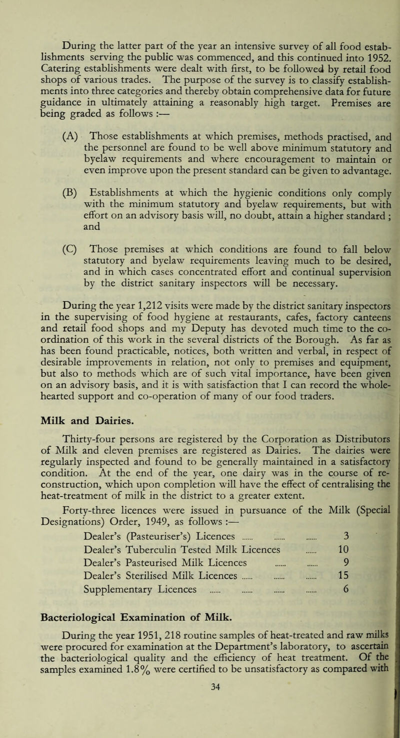 During the latter part of the year an intensive survey of all food estab¬ lishments serving the public was commenced, and this continued into 1952. Catering establishments were dealt with first, to be followed by retail food shops of various trades. The purpose of the survey is to classify establish¬ ments into three categories and thereby obtain comprehensive data for future guidance in ultimately attaining a reasonably high target. Premises are being graded as follows :— (A) Those establishments at which premises, methods practised, and the personnel are found to be well above minimum statutory and byelaw requirements and where encouragement to maintain or even improve upon the present standard can be given to advantage. (B) Establishments at which the hygienic conditions only comply with the minimum statutory and byelaw requirements, but with effort on an advisory basis will, no doubt, attain a higher standard ; and (C) Those premises at which conditions are found to fall below statutory and byelaw requirements leaving much to be desired, and in which cases concentrated effort and continual supervision by the district sanitary inspectors will be necessary. During the year 1,212 visits were made by the district sanitary inspectors in the supervising of food hygiene at restaurants, cafes, factory canteens and retail food shops and my Deputy has devoted much time to the co¬ ordination of this work in the several districts of the Borough. As far as has been found practicable, notices, both written and verbal, in respect of desirable improvements in relation, not only to premises and equipment, but also to methods which are of such vital importance, have been given on an advisory basis, and it is with satisfaction that I can record the whole¬ hearted support and co-operation of many of our food traders. Milk and Dairies. Thirty-four persons are registered by the Corporation as Distributors of Milk and eleven premises are registered as Dairies. The dairies were regularly inspected and found to be generally maintained in a satisfactory condition. At the end of the year, one dairy was in the course of re¬ construction, which upon completion will have the effect of centralising the heat-treatment of milk in the district to a greater extent. Forty-three licences were issued in pursuance of the Milk (Special Designations) Order, 1949, as follows :— Dealer’s (Pasteuriser’s) Licences . 3 Dealer’s Tubercuhn Tested Milk Licences . 10 Dealer’s Pasteurised Milk Licences . 9 Dealer’s Sterilised Milk Licences. 15 Supplementary Licences . . . . 6 Bacteriological Examination of Milk. During the year 1951, 218 routine samples of heat-treated and raw milks were procured for examination at the Department’s laboratory, to ascertain the bacteriological quality and the efficiency of heat treatment. Of the samples examined 1.8% were certified to be unsatisfactory as compared with