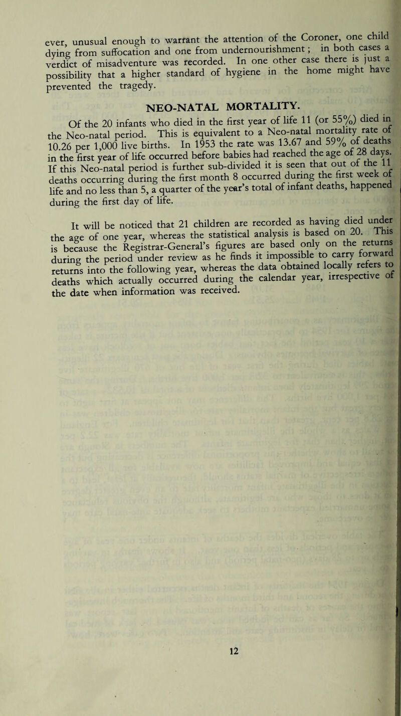 ever unusual enough to warrant the attention of the Coroner, one child dying from suffocation and one from undernourishment; m both cases a verdict of misadventure was recorded. In one other case there is just a possibility that a higher standard of hygiene in the home might have prevented the tragedy. NEO-NATAL MORTALITY. Of the 20 infants who died in the first year of life 11 (or 55%) died in the Neo-natal period. This is equivalent to a Neo-natal ^ 10.26 per 1,000 live births. In 1953 the rate was 13.67 and 59 /o of deaths in the first year of life occurred before babies had reached the age of 28 days If this Neo-natal period is further sub-divided it is seen that out of the 11 deaths occurring during the first month 8 occurred during the first week of life and no less than 5, a quarter of the year’s total of infant deaths, happened during the first day of life. It will be noticed that 21 chffdren are recorded as having died under the age of one year, whereas the statistical analysis is based on 20. Ibis is because the Registrar-General’s figures are based only on the returns during the period under review as he finds it impossible to carry forward returns into the following year, whereas the data obtained locally refers to deaths which actually occurred during the calendar year, irrespective o the date when information was received.