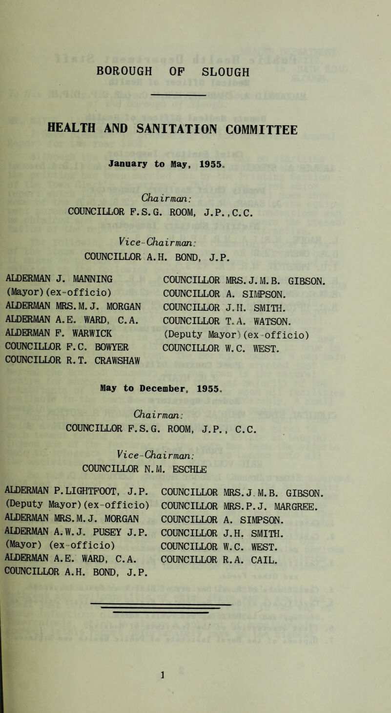 HEALTH AND SANITATION COMMITTEE January to May, 1955. Chairman: COUNCILLOR P.S.G. ROOM, J.P. ,C.C. Vice-Chairman: COUNCILLOR A.H. BOND, J.P. ALDERMAN J. MANNING (Mayor)(ex-officio) AIDERTMN MRS.M.J. MORGAN ALDERMAN A.E. WARD, C.A. ALDEEMAN P. WARWICK COUNCILLOR P.C. BOWYER COUNCILLOR R.T. CRAWSHAW COUNCILLOR MRS.J,M.B. GIBSON. COUNCILLOR A. SIMPSON. COUNCILLOR J.II. SMITH. COUNCILLOR T.A. WATSON. (Deputy Mayor)(ex-officio) COUNCILLOR W.C. WEST. May to December, 1955. Chairman: COUNCILLOR P.S.G. ROOM, J.P. , C.C. Vice-Chairman: COUNCILLOR N.M. ESCHLE ALDERMAN P.LIGHTPOOT, J.P. (Deputy Mayor)(ex-officio) ALDERMAN MRS.M.J. MORGAN ALDERMAN A.W.J. PUSEY J.P. (Mayor) (ex-officio) ALDERMAN A.E. WARD, C.A. COUNCILLOR A.H. BOND, J.P, COUNCILLOR MRS.J,M.B, GIBSON. COUNCILLOR MRS.P.J. MARGREE. COUNCILLOR A. SIMPSON. COUNCILLOR J.H, SMITH. COUNCILLOR W.C. WEST. COUNCILLOR R.A. CAIL.