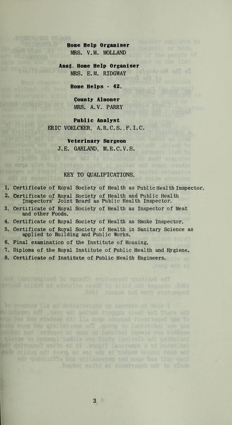 dome Help Organiser MRS. V.M. MOLLAND Asst. Home Help Organiser MRS. E.M. RIDGWAY Home Helps 42. County Almoner MRS. A.V.. PARRY Public Analyst ERIC VOELCKER, A.R.C.S., P.I.C. Veterinary Surgeon J.E. GARLAND, M.R.C.V.S. KEY TO QUALIFICATIONS. 1. Certificate of Royal Society of Health as Public Health Inspector. 2. Certificate of Royal Society of Health and Public Health Inspectors' Joint Board as Public Health Inspector. 3. Certificate of Royal Society of Health as Inspector of Meat and other Poods. 4. Certificate of Royal Society of Health as Smoke Inspector. 5. Certificate of Royal Society of Health in Sanitary Science as applied to Building and Public Works. 6. Pinal examination of the Institute of Housing, 7. Diploma of the Royal Institute of Public Health and Hygiene. 8. Certificate of Institute of Public Health Engineers.