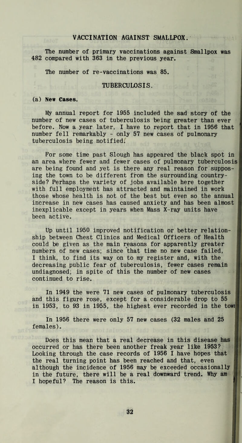 VACCINATION AGAINST SMALLPOX. The number of primary vaccinations against Smallpox was 482 compared with 363 in the previous year. The number of re-vaccinations was 85. TUBERCULOSIS. (a) New CaseSo My annual report for 1955 included the sad story of the number of new cases of tuberculosis being greater than ever before. Now a year later, I have to report that in 1956 that number fell remarkably - only 57 new cases of pulmonary tuberculosis being notified.' For some time past Slough has appeared the black spot in an area where fewer and fewer cases of pulmonary tuberculosis are being found and yet is there any real reason for suppos¬ ing the town to be different from the surrounding country¬ side? Perhaps the variety of jobs available here together with full employment has attracted and maintained in work those whose health is not of the best but even so the annual increase in new cases has caused anxiety and has been almost inexplicable except in years when Mass X-ray units have been active. Up until 1950 improved notification or better relation¬ ship between Chest Clinics and Medical Officers of Health could be given as the main reasons for apparently greater I numbers of new cases; since that time no new case failed, I I think, to find its way on to my register and, with the I decreasing public fear of tuberculosis, fewer cases remain I undiagnosed; in spite of this the number of new cases I continued to rise. I In 1949 the were 71 new cases of pulmonary tuberculosis I and this figure rose, except for a considerable drop to 55 I in 1953, to 93 in 1955, the highest ever recorded in the towil In 1956 there were only 57 new cases (32 males and 25 I females). I Does this mean that a real decrease in this disease has I occurred or has there been another freak year like 1953? I Looking through the case records of 1956 I have hopes that I the real turning point has been reached and that, even I although the incidence of 1956 may be exceeded occasionally I in the future, there will be a real downward trend. Why am I I hopeful? The reason is this. ■