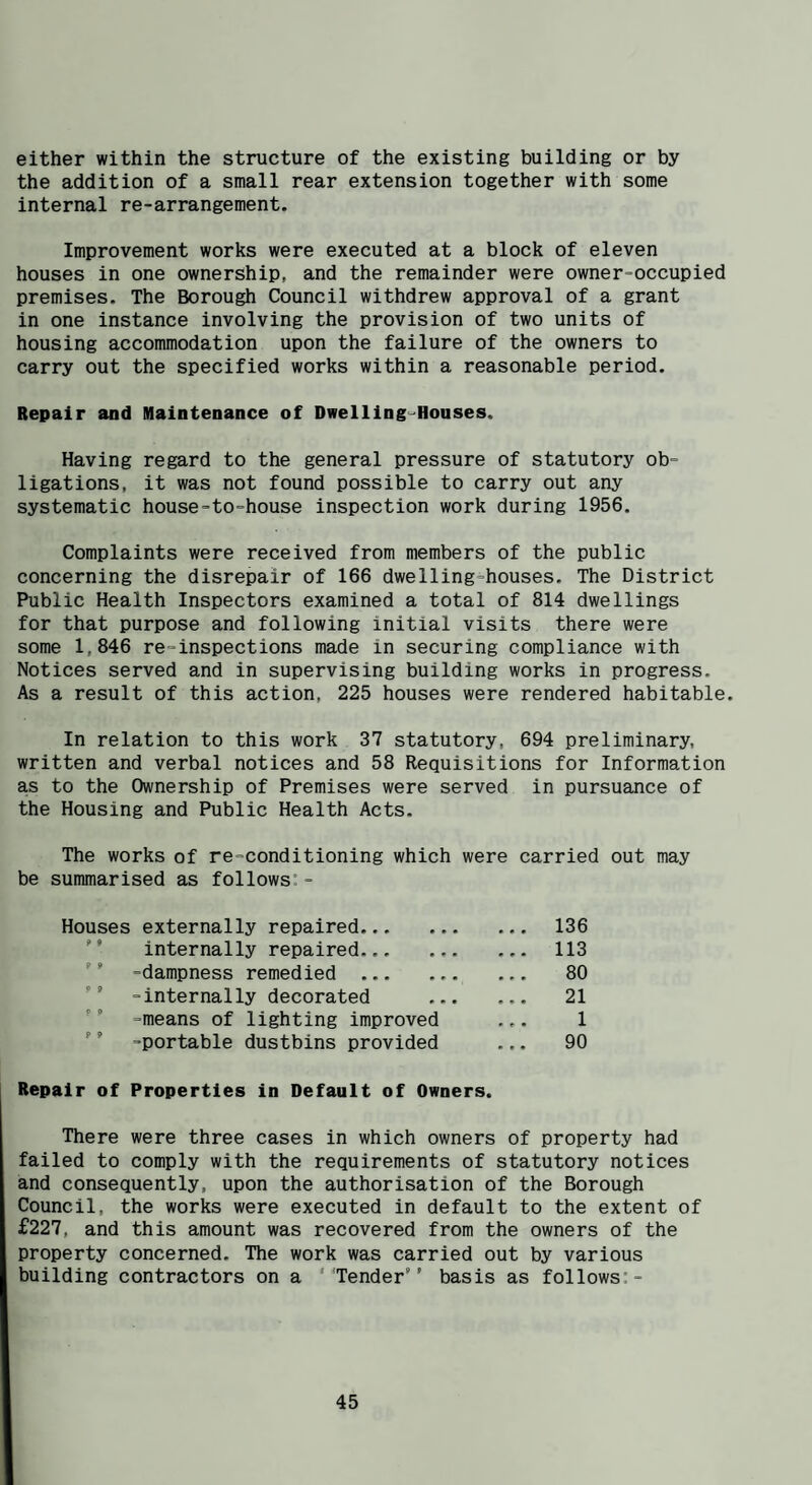 either within the structure of the existing building or by the addition of a small rear extension together with some internal re-arrangement. Improvement works were executed at a block of eleven houses in one ownership, and the remainder were owner-occupied premises. The Borough Council withdrew approval of a grant in one instance involving the provision of two units of housing accommodation upon the failure of the owners to carry out the specified works within a reasonable period. Repair and Maintenance of Dwelling^-Hoases. Having regard to the general pressure of statutory ob¬ ligations, it was not found possible to carry out any systematic house-to-house inspection work during 1956. Complaints were received from members of the public concerning the disrepair of 166 dwelling-houses. The District Public Health Inspectors examined a total of 814 dwellings for that purpose and following initial visits there were some 1,846 re-inspections made in securing compliance with Notices served and in supervising building works in progress. As a result of this action, 225 houses were rendered habitable. In relation to this work 37 statutory, 694 preliminary, written and verbal notices and 58 Requisitions for Information as to the Ownership of Premises were served in pursuance of the Housing and Public Health Acts. The works of re-conditioning which were carried out may be summarised as follows:- externally repaired. ... 136 internally repaired. ... 113 -dampness remedied . 80 -internally decorated 21 -means of lighting improved 1 -portable dustbins provided 90 Repair of Properties in Default of Owners. There were three cases in which owners of property had failed to comply with the requirements of statutory notices and consequently, upon the authorisation of the Borough Council, the works were executed in default to the extent of £227, and this amount was recovered from the owners of the property concerned. The work was carried out by various building contractors on a 'Tender’’ basis as follows:-