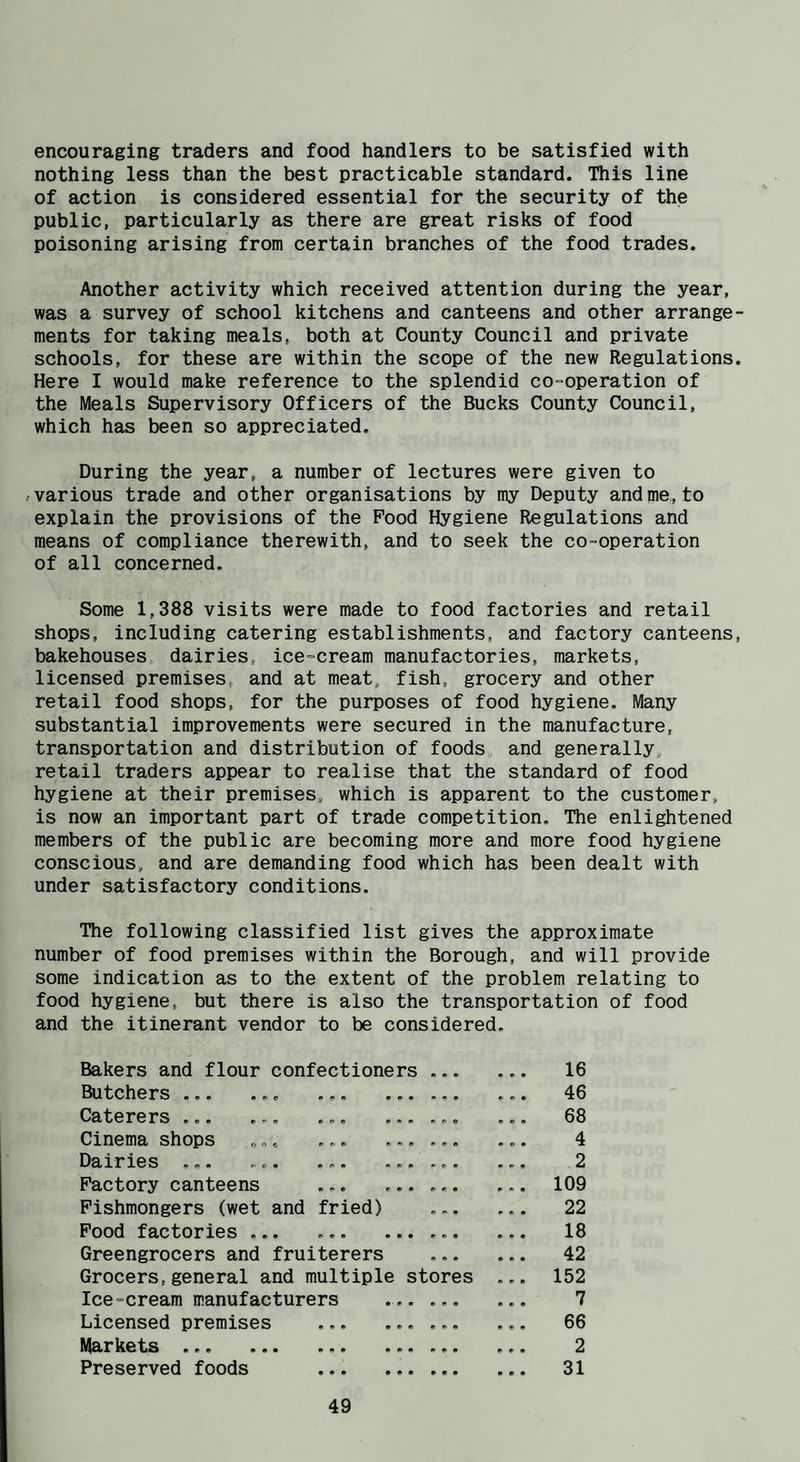 encouraging traders and food handlers to be satisfied with nothing less than the best practicable standard. This line of action is considered essential for the security of the public, particularly as there are great risks of food poisoning arising from certain branches of the food trades. Another activity which received attention during the year, was a survey of school kitchens and canteens and other arrange¬ ments for taking meals, both at County Council and private schools, for these are within the scope of the new Regulations. Here I would make reference to the splendid co-operation of the Meals Supervisory Officers of the Bucks County Council, which has been so appreciated. During the year, a number of lectures were given to . various trade and other organisations by my Deputy and me, to explain the provisions of the Pood Hygiene Regulations and means of compliance therewith, and to seek the co-operation of all concerned. Some 1,388 visits were made to food factories and retail shops, including catering establishments, and factory canteens, bakehouses dairies, ice-cream manufactories, markets, licensed premises, and at meat, fish, grocery and other retail food shops, for the purposes of food hygiene. Many substantial improvements were secured in the manufacture, transportation and distribution of foods and generally, retail traders appear to realise that the standard of food hygiene at their premises, which is apparent to the customer, is now an important part of trade competition. The enlightened members of the public are becoming more and more food hygiene conscious, and are demanding food which has been dealt with under satisfactory conditions. The following classified list gives the approximate number of food premises within the Borough, and will provide some indication as to the extent of the problem relating to food hygiene, but there is also the transportation of food and the itinerant vendor to be considered. Bakers and flour confectioners • • • 0 0 0 16 Butchers ... ... ,,. ... m m » 0 0 0 46 Caterers.. ... ... • #> « 0 0 0 68 Cinema shops ... ... • » 0 0 0 0 4 Dairies ... ... ... ... - e • 0 0 0 2 Factory canteens ... ... 0 0 0 109 Fishmongers (wet and fried) f. • 22 Pood factories . 0 «. • 0 0 0 18 Greengrocers and fruiterers * 0 • 0 0 0 42 Grocers,general and multiple stores 0 0 0 152 Ice-cream manufacturers • 00 0 0 0 7 Licensed premises . 0 •• • 0 0 0 66 Markets ... ... ... ... • 00 0 0 0 2 Preserved foods . 0 0 0 0 0 0 31