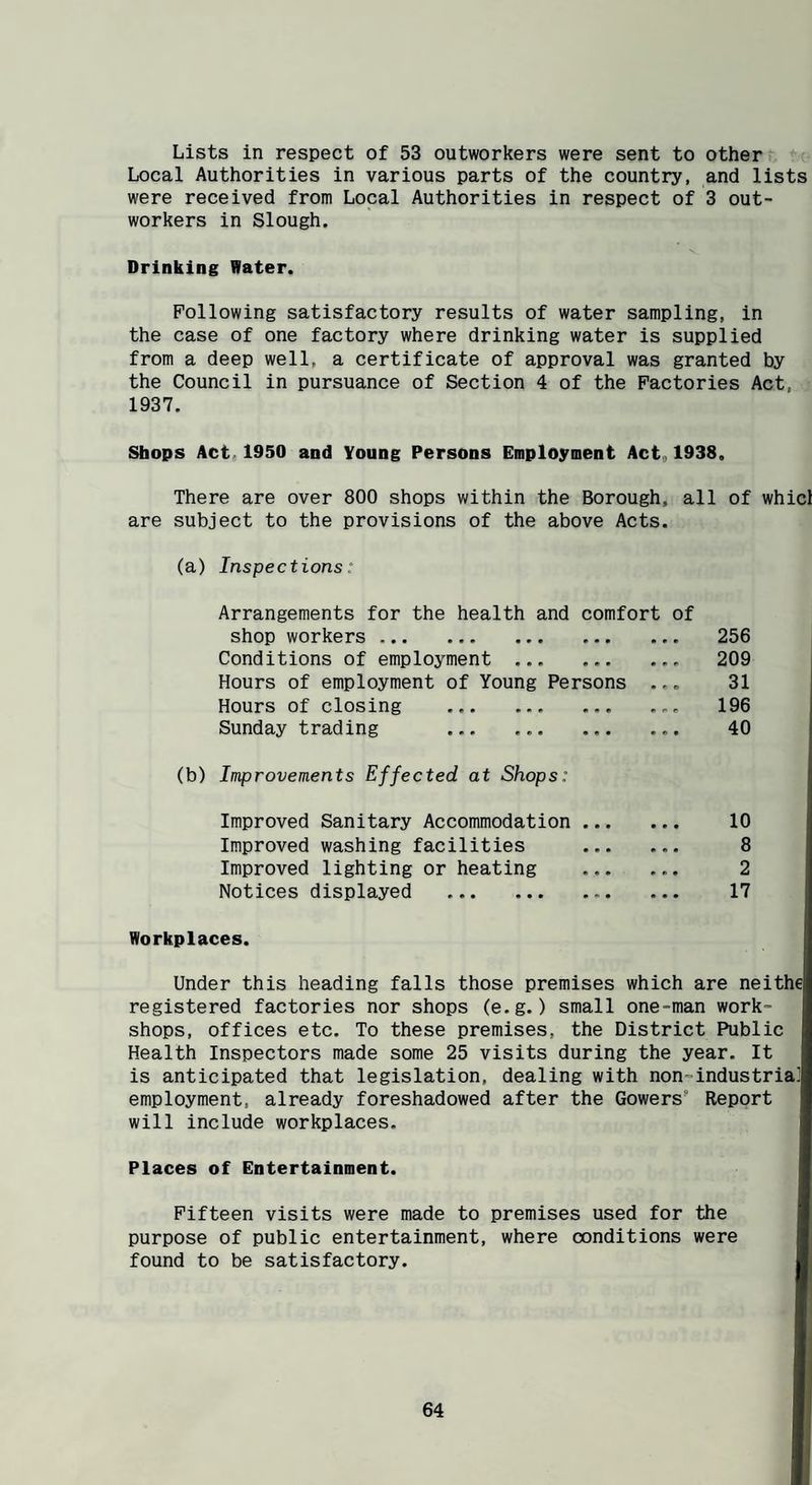 Lists in respect of 53 outworkers were sent to other Local Authorities in various parts of the country, and lists were received from Local Authorities in respect of 3 out¬ workers in Slough. Drinking Water. Following satisfactory results of water sampling, in the case of one factory where drinking water is supplied from a deep well, a certificate of approval was granted by the Council in pursuance of Section 4 of the Factories Act, 1937. Shops Act,1950 and Young Persons Employment Act,1938. There are over 800 shops within the Borough, all of whici are subject to the provisions of the above Acts. (a) Inspections: Arrangements for the health and comfort of shop workers. 256 Conditions of employment. 209 Hours of employment of Young Persons ... 31 Hours of closing . ... 196 Sunday trading . 40 (b) Improvements Effected at Shops: Improved Sanitary Accommodation ... Improved washing facilities Improved lighting or heating ... Notices displayed . Workplaces. 10 8 2 17 Under this heading falls those premises which are neithe registered factories nor shops (e.g.) small one-man work¬ shops, offices etc. To these premises, the District Public Health Inspectors made some 25 visits during the year. It is anticipated that legislation, dealing with non-industria] employment, already foreshadowed after the Gowers” Report will include workplaces. Places of Entertainment. Fifteen visits were made to premises used for the purpose of public entertainment, where conditions were found to be satisfactory.