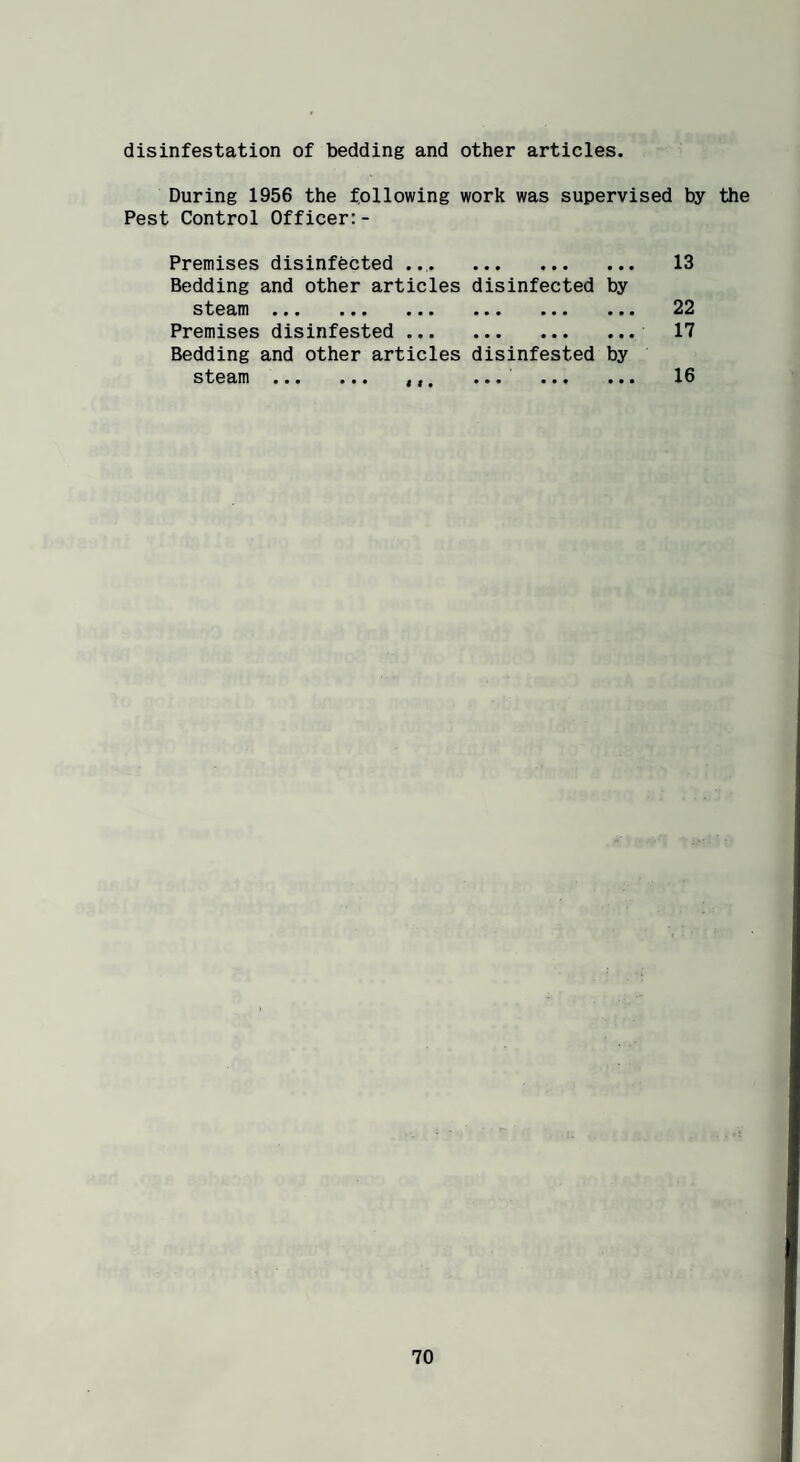 disinfestation of bedding and other articles. During 1956 the following work was supervised by the Pest Control Officer: - Premises disinfected . 13 Bedding and other articles disinfected by steam ... ... ... ... ... ... 22 Premises disinfested . 17 Bedding and other articles disinfested by steam ... ... t $ * ... ... ... 16