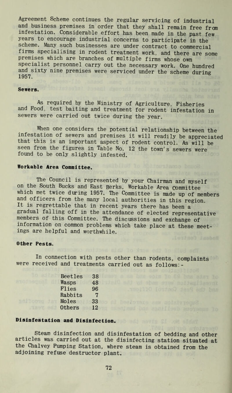 Agreement Scheme continues the regular servicing of industrial and business premises in order that they shall remain free from infestation. Considerable effort has been made in the past few years to encourage industrial concerns to participate in the scheme. Many such businesses are under contract to commercial firms specialising in rodent treatment work, and there are some premises which are branches of multiple firms whose own specialist personnel carry out the necessary work. One hundred and sixty nine premises were serviced under the scheme during Sewers. As required by the Ministry of Agriculture, Fisheries and Food, test baiting and treatment for rodent infestation in sewers were carried out twice during the year. When one considers the potential relationship between the infestation of sewers and premises it will readily be appreciated that this is an important aspect of rodent control. As will be seen from the figures in Table No. 12 the town’s sewers were found to be only slightly infested. Workable Area Committee. The Council is represented by your Chairman and myself on the South Bucks and East Berks. Workable Area committee which met twice during 1957. The Committee is made up of members and officers from the many local authorities in this region. It is regrettable that in recent years there has been a gradual falling off in the attendance of elected representative members of this Committee. The discussions and exchange of information on common problems which take place at these meet¬ ings are helpful and worthwhile. Other Pests. In connection with pests other than rodents, complaints were received and treatments carried out as follows:- Beetles 38 Wasps 48 Flies 96 Rabbits 7 Moles 33 Others 12 Disinfestation and Disinfection. Steam disinfection and disinfestation of bedding and other articles was carried out at the disinfecting station situated at the Chalvey Pumping Station, where steam is obtained from the adjoining refuse destructor plant.