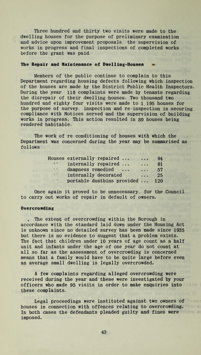 Three hundred and thirty two visits were made to the dwelling houses for the purpose of preliminary examination and advice upon improvement proposals the supervision of works in progress and final inspections of completed works before the grant was paid. The Repair and Maintenance of Dwelling-Ilouses Members of the public continue to complain to this Department regarding housing defects following which inspection of the houses are made by the District Public Health InspectorSr During the year 118 complaints were made by tenants regarding the disrepair of their dwelling houses- Two thousand two hundred and eighty four visits were made to 1.195 houses for the purpose of survey,, inspection and re-inspection in securing compliance with Notices served and the supervision of building works in progress. This action resulted in 89 houses being rendered habitable. The work of re conditioning of houses with which the Department was concerned during the year may be summarised as follows Houses externally repaired .,. 94 81 57 25 120 internally repaired ,,, dampness remedied ... internally decorated portable dustbins provided Once again it proved to be unnecessary, for the Council to carry out works of repair in default of owners. Overcrowding , The extent of overcrowding within the Borough in accordance with the standard laid down under the Housing Act is unknown since no detailed survey has been made since 1935 but there is no evidence to suggest that a problem exists. The fact that children under 10 years of age count as a half unit and infants under the age of one year do not count at all so far as the assessment of overcrowding is concerned means that a family would have to be quite large before even an average small dwelling is legally overcrowded. A few complaints regarding alleged overcrowding were received during the year and these were investigated by your officers who made 95 visits in order to make enquiries into these complaints. Legal proceedings were instituted against two owners of houses in connection with offences relating to overcrowding. In both cases the defendants pleaded guilty and fines were imposed.