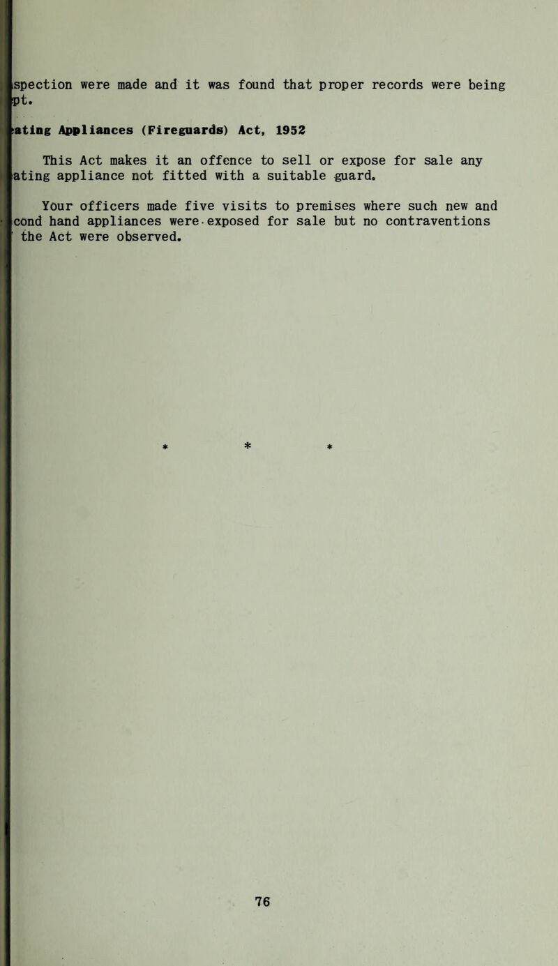 spection were made and it was found that proper records were being pt. lating Appliances (Fireguards) Act, 1952 This Act makes it an offence to sell or expose for sale any ating appliance not fitted with a suitable guard. Your officers made five visits to premises where such new and cond hand appliances were exposed for sale but no contraventions the Act were observed.
