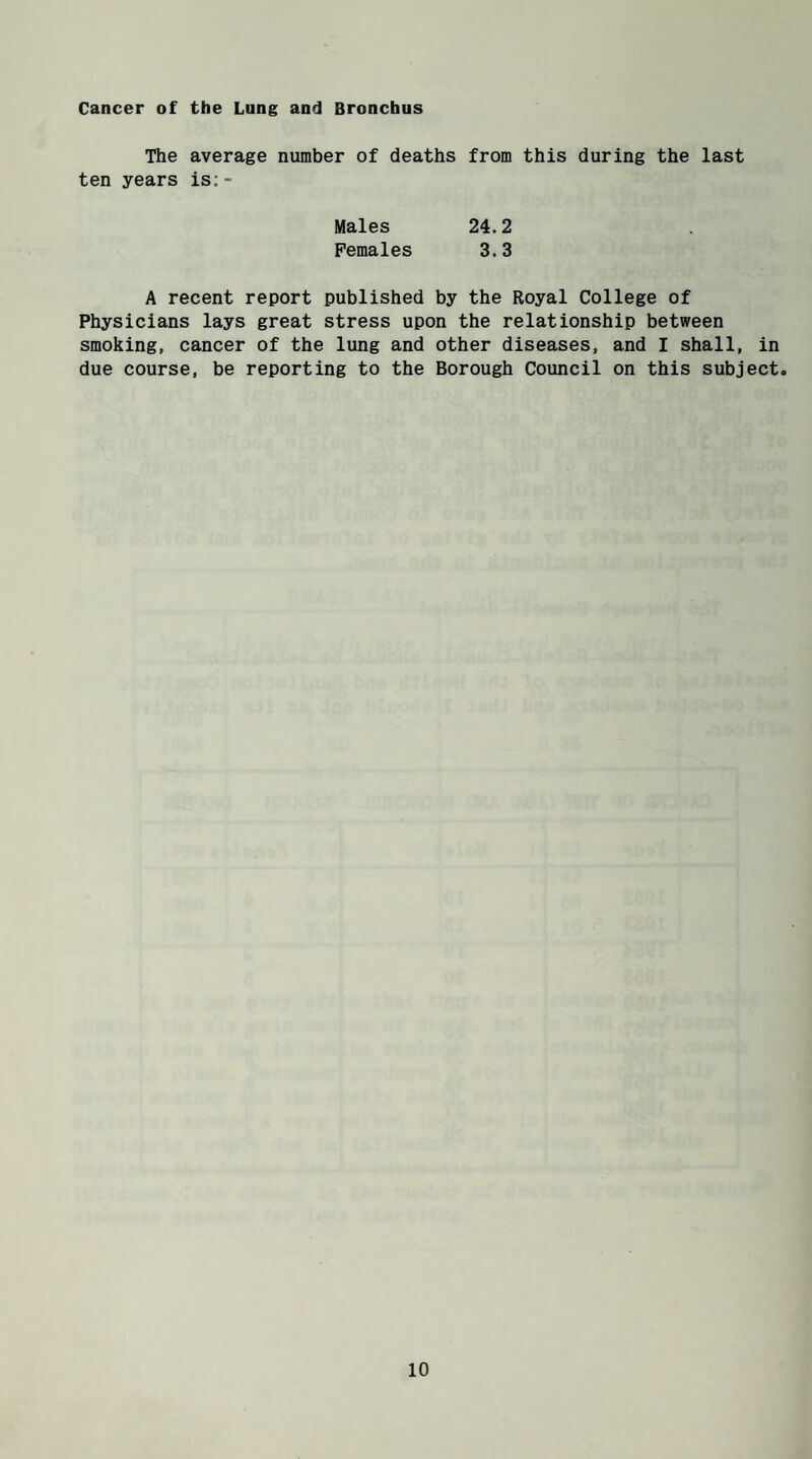 Cancer of the Lung and Bronchus The average number of deaths from this during the last ten years is:- Males 24.2 Females 3.3 A recent report published by the Royal College of Physicians lays great stress upon the relationship between smoking, cancer of the lung and other diseases, and I shall, in due course, be reporting to the Borough Council on this subject.