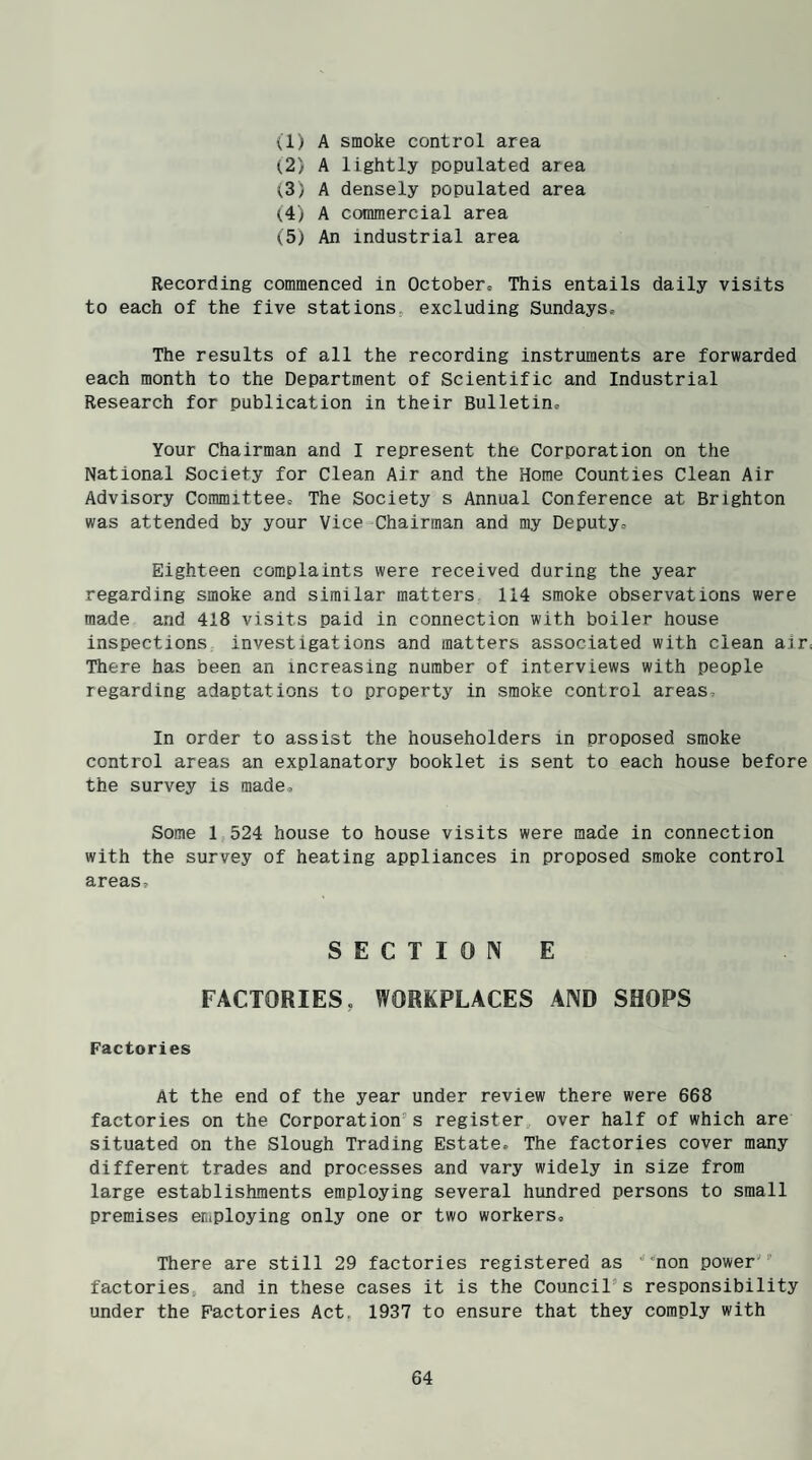 (1) A smoke control area (2) A lightly populated area (3) A densely populated area (4) A commercial area (5) An industrial area Recording commenced in October* This entails daily visits to each of the five stations excluding Sundays* The results of all the recording instruments are forwarded each month to the Department of Scientific and Industrial Research for publication in their Bulletin* Your Chairman and I represent the Corporation on the National Society for Clean Air and the Home Counties Clean Air Advisory Committee* The Society s Annual Conference at Brighton was attended by your Vice Chairman and my Deputy* Eighteen complaints were received during the year regarding smoke and similar matters 114 smoke observations were made and 418 visits paid in connection with boiler house inspections investigations and matters associated with clean air; There has been an increasing number of interviews with people regarding adaptations to property in smoke control areas. In order to assist the householders in proposed smoke control areas an explanatory booklet is sent to each house before the survey is made* Some 1 524 house to house visits were made in connection with the survey of heating appliances in proposed smoke control areas. SECTION E FACTORIES. WORKPLACES AND SHOPS Factories At the end of the year under review there were 668 factories on the Corporation s register over half of which are situated on the Slough Trading Estate. The factories cover many different trades and processes and vary widely in size from large establishments employing several hundred persons to small premises employing only one or two workers* There are still 29 factories registered as '‘'non power factories and in these cases it is the Council s responsibility under the Factories Act. 1937 to ensure that they comply with