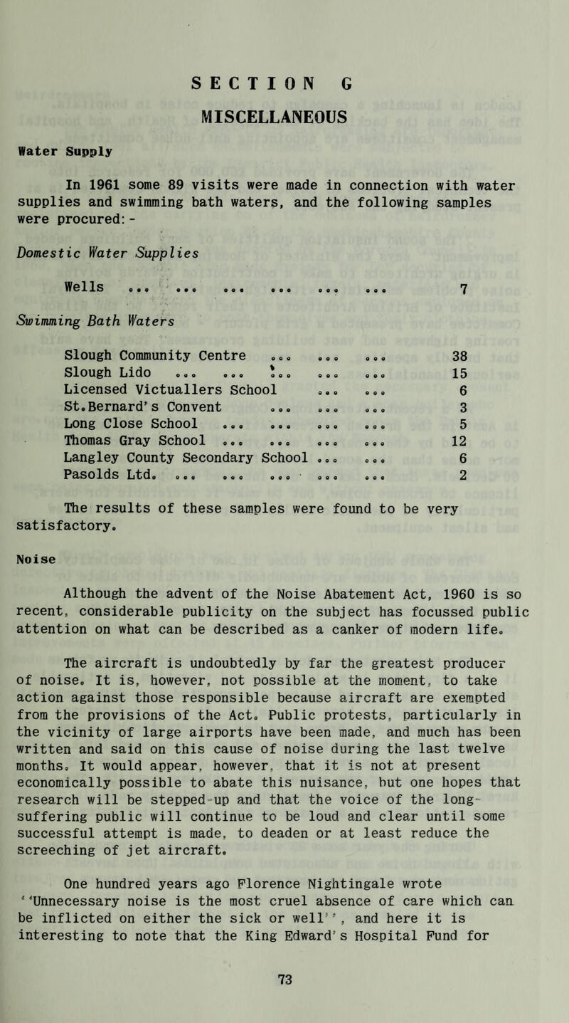 SECTION G MISCELLANEOUS Water Supply In 1961 some 89 visits were made in connection with water supplies and swimming bath waters, and the following samples were procured:- Domestic Water Supplies Wells Swimming Bath Waters Slough Community Centre SlOUgh LidO ooo see oee see Licensed Victuallers School St.Bernard’s Convent ... ... Long Close School ... ... ... Thomas Gray School .... Langley County Secondary School ... Pasolds Ltd. ..o o.o .«.* ... ooo o o o ooo ooo ooo ooo ooo oee 7 38 15 6 3 5 12 6 2 The results of these samples were found to be very satisfactory. Noise Although the advent of the Noise Abatement Act, 1960 is so recent, considerable publicity on the subject has focussed public attention on what can be described as a canker of modern life. The aircraft is undoubtedly by far the greatest producer of noise. It is, however, not possible at the moment., to take action against those responsible because aircraft are exempted from the provisions of the Act. Public protests, particularly in the vicinity of large airports have been made, and much has been written and said on this cause of noise during the last twelve months. It would appear, however, that it is not at present economically possible to abate this nuisance, but one hopes that research will be stepped-up and that the voice of the long- suffering public will continue to be loud and clear until some successful attempt is made, to deaden or at least reduce the screeching of jet aircraft. One hundred years ago Florence Nightingale wrote * ‘Unnecessary noise is the most cruel absence of care which can be inflicted on either the sick or well’', and here it is interesting to note that the King Edward’s Hospital Fund for