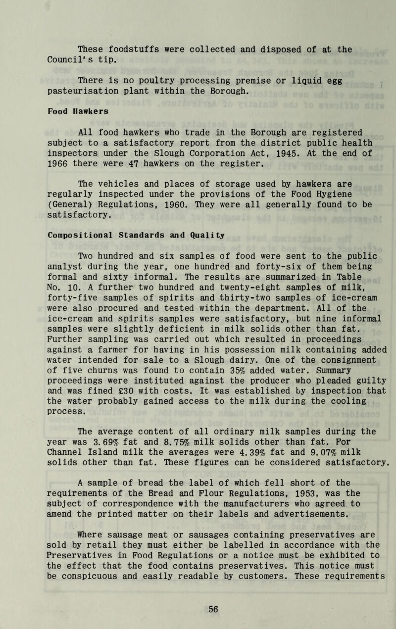 These foodstuffs were collected and disposed of at the Council’s tip. There is no poultry processing premise or liquid egg pasteurisation plant within the Borough. Food Hawkers All food hawkers who trade in the Borough are registered subject to a satisfactory report from the district public health inspectors under the Slough Corporation Act, 1945. At the end of 1966 there were 47 hawkers on the register. The vehicles and places of storage used by hawkers are regularly inspected under the provisions of the Food Hygiene (General) Regulations, 1960. They were all generally found to be satisfactory. Compositional Standards and Quality Two hundred and six samples of food were sent to the public analyst during the year, one hundred and forty-six of them being formal and sixty informal. The results are summarized in Table No. 10. A further two hundred and twenty-eight samples of milk, forty-five samples of spirits and thirty-two samples of ice-cream were also procured and tested within the department. All of the ice-cream and spirits samples were satisfactory, but nine informal samples were slightly deficient in milk solids other than fat. Further sampling was carried out which resulted in proceedings against a farmer for having in his possession milk containing added water intended for sale to a Slough dairy. One of the consignment of five churns was found to contain 35% added water. Summary proceedings were instituted against the producer who pleaded guilty and was fined £30 with costs. It was established by inspection that the water probably gained access to the milk during the cooling process. The average content of all ordinary milk samples during the year was 3.69% fat and 8.75% milk solids other than fat. For Channel Island milk the averages were 4.39% fat and 9.07% milk solids other than fat. These figures can be considered satisfactory. A sample of bread the label of which fell short of the requirements of the Bread and Flour Regulations, 1953, was the subject of correspondence with the manufacturers who agreed to amend the printed matter on their labels and advertisements. Where sausage meat or sausages containing preservatives are sold by retail they must either be labelled in accordance with the Preservatives in Food Regulations or a notice must be exhibited to the effect that the food contains preservatives. This notice must be conspicuous and easily readable by customers. These requirements