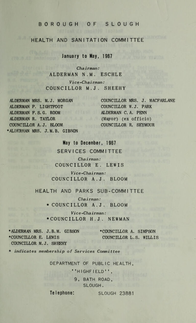 HEALTH AND SANITATION COMMITTEE January to May, 1967 Chairman: ALDERMAN N.M. ESCHLE Vice-Chairman: COUNCILLOR M.J. SHEEHY ALDERMAN MRS. M.J. MORGAN ALMJIMAN P. LIGHTPOOT ALDERMAN P. S. G. ROOM ALDERMAN R. TAYLOR COUNCILLOR A. J. BLOOM •ALDERMAN MRS. J. M.B. GIBSON COUNCILLOR MRS. J. MACPARLANE COUNCILLOR W.J. PARK ALDERMAN C. A. PENN (Mayor) (ex officio) COUNCILLOR R. SEYMOUR May to December, 1967 SERVICES COMMITTEE Chairman: COUNCILLOR E. LEWIS Vice-Chairman: COUNCILLOR A.J. BLOOM HEALTH AND PARKS SUB-COMMITTEE Chairman: ♦COUNCILLOR A.J. BLOOM Vice-Chairman: ♦COUNCILLOR H.J. NEWMAN •ALDERMAN MRS. J.B.M. GIBSON •COUNCILLOR A. SIMPSON •COUNCILLOR E. LEWIS COUNCILLOR L.S. WILLIS COUNCILLOR M.J. aiEEHY * indicates membership of Services Committee DEPARTMENT OF PUBLIC HEALTH, ‘'HIGHFIELD’’, 9, BATH ROAD, SLOUGH . Telephone: SLOUGH 23881